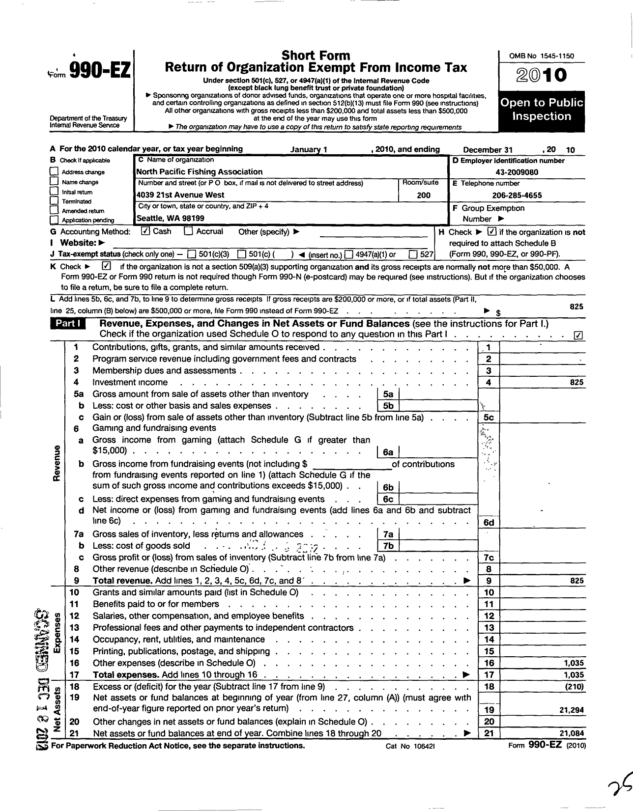 Image of first page of 2010 Form 990EO for North Pacific Fishing Association