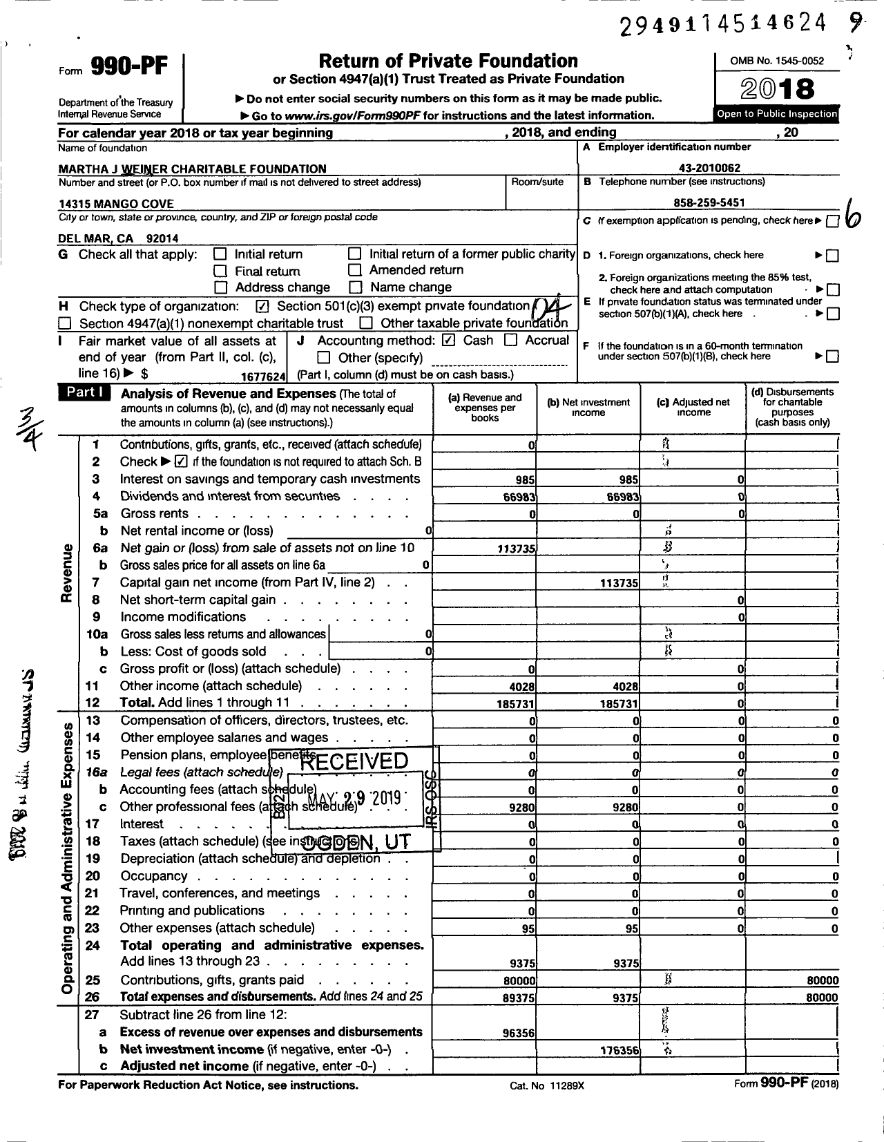 Image of first page of 2018 Form 990PF for Martha J Weiner Charitable Foundation