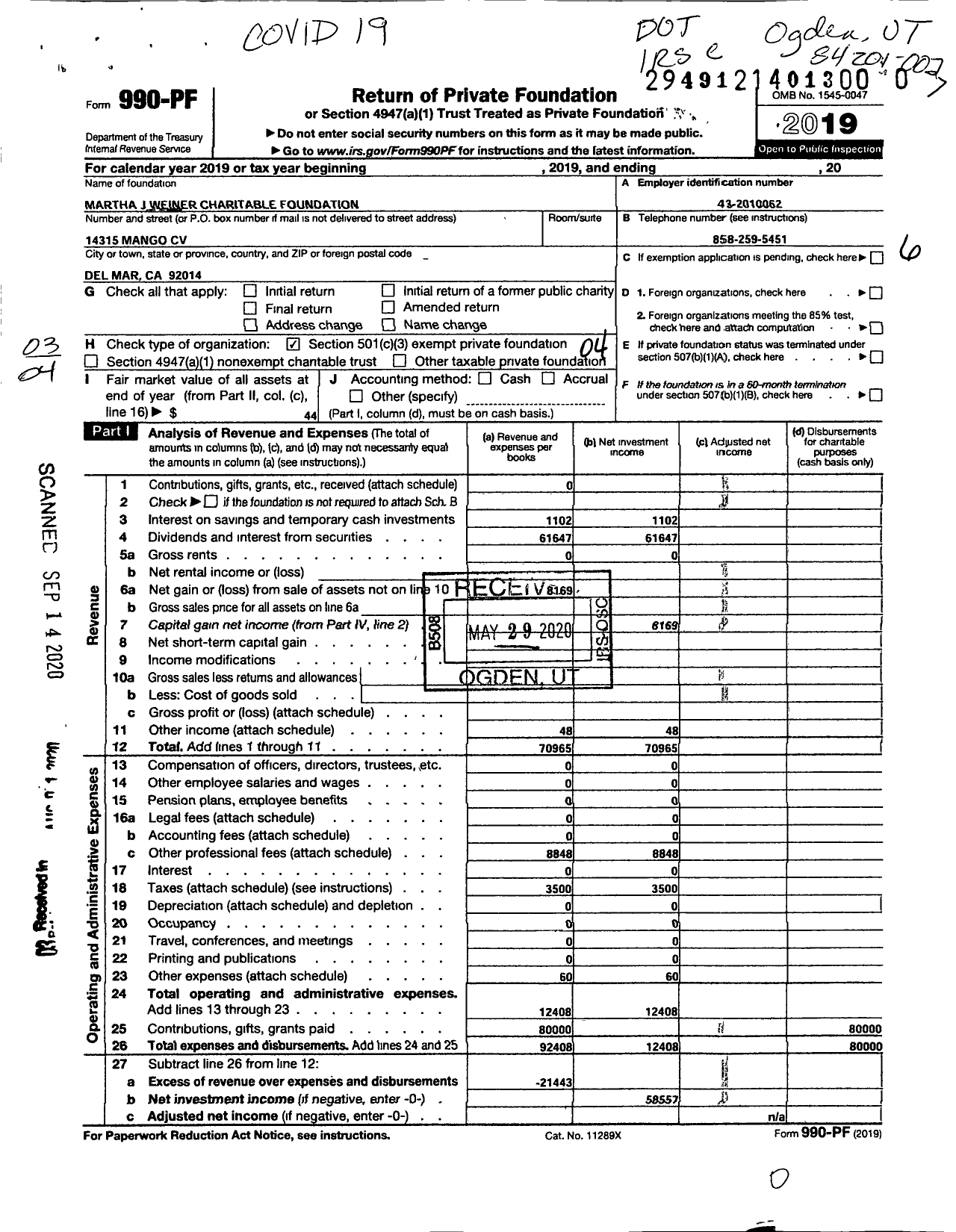 Image of first page of 2019 Form 990PR for Martha J Weiner Charitable Foundation