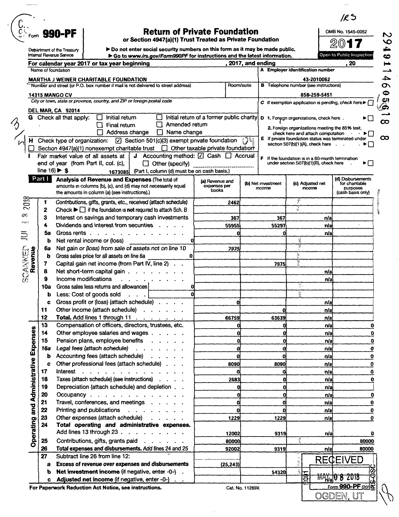 Image of first page of 2017 Form 990PF for Martha J Weiner Charitable Foundation