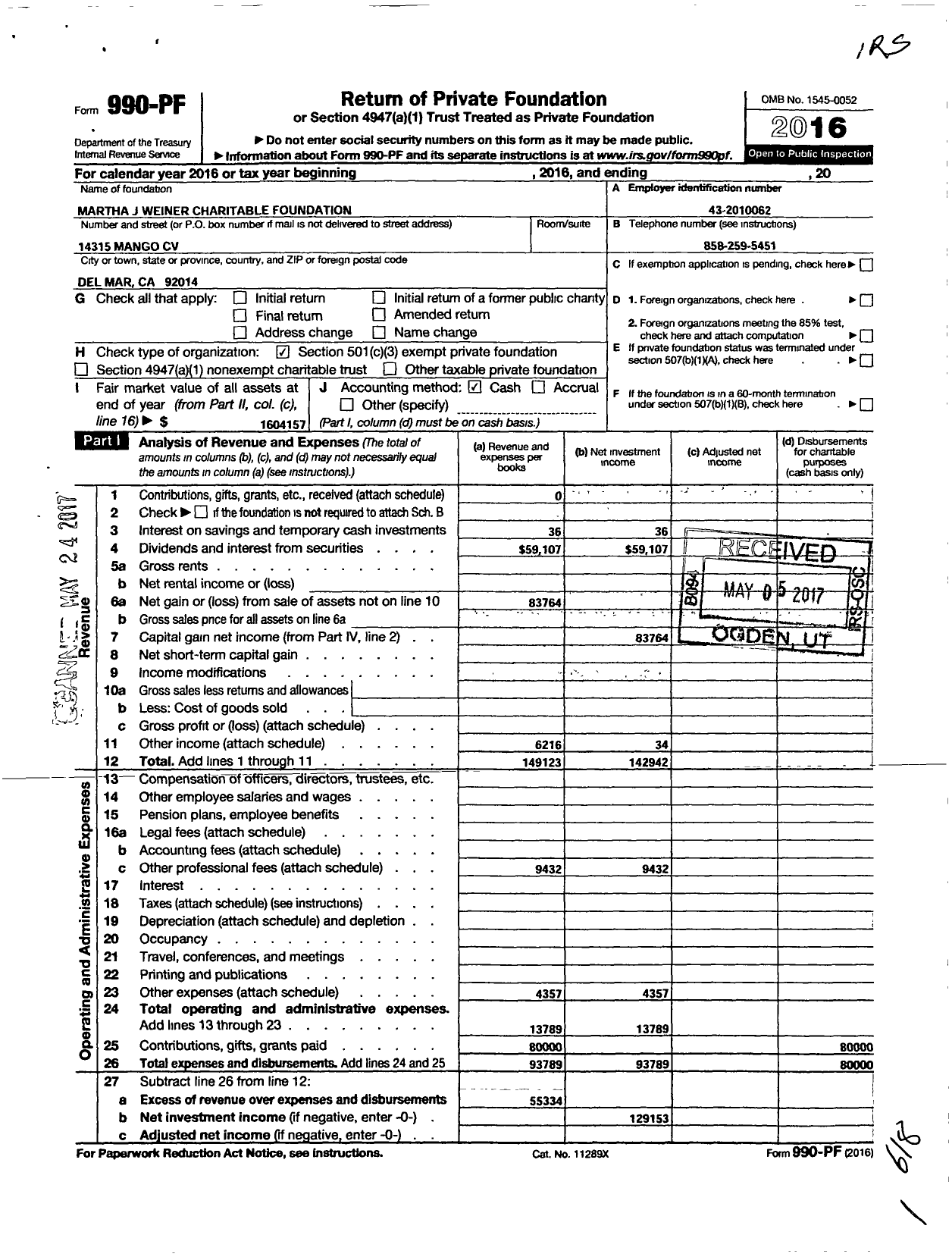 Image of first page of 2016 Form 990PF for Martha J Weiner Charitable Foundation