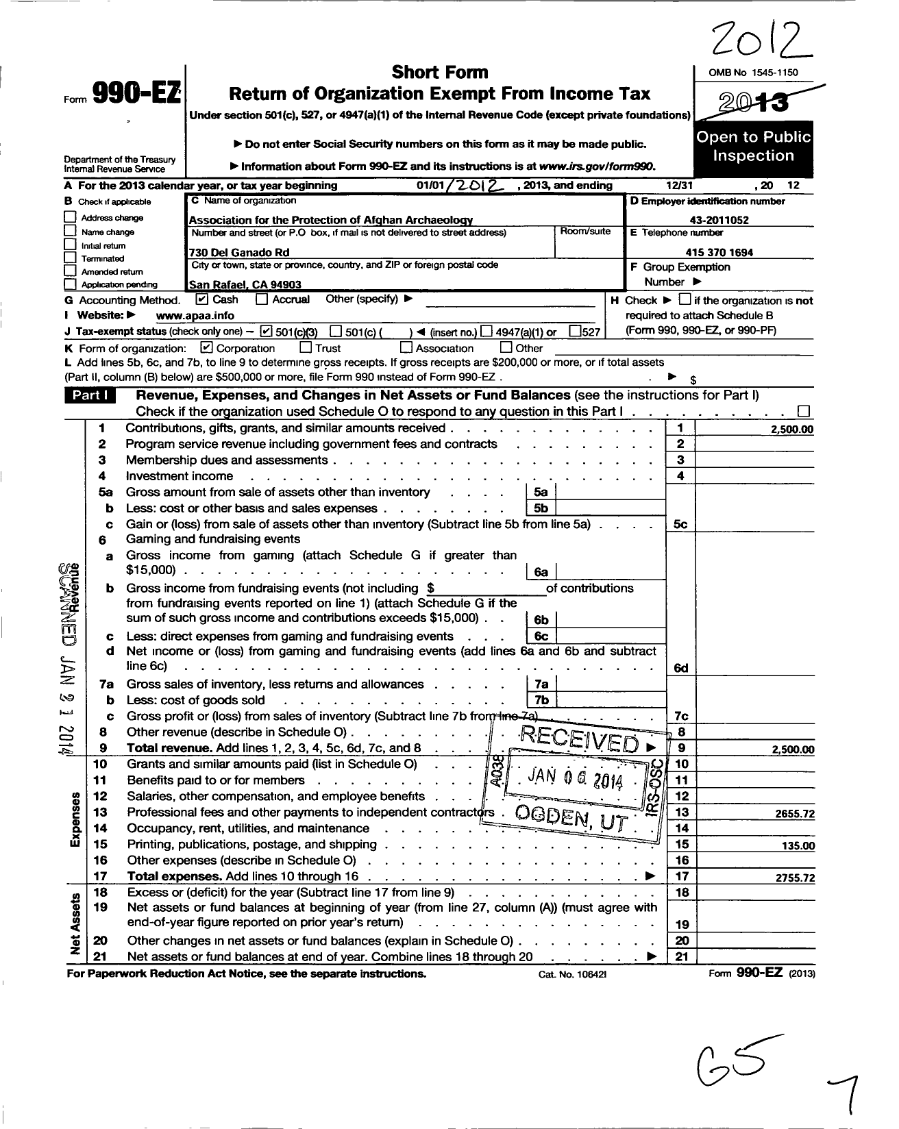 Image of first page of 2012 Form 990EZ for Association for the Protection of Afghan Archaeology