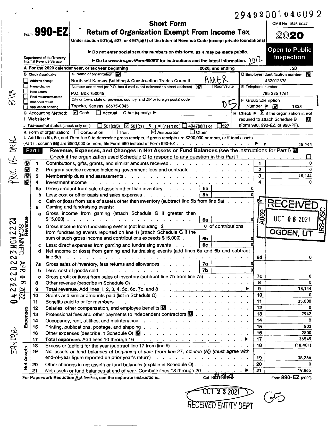 Image of first page of 2020 Form 990EO for AFL-CIO - Northeast Kansas Building & Constru