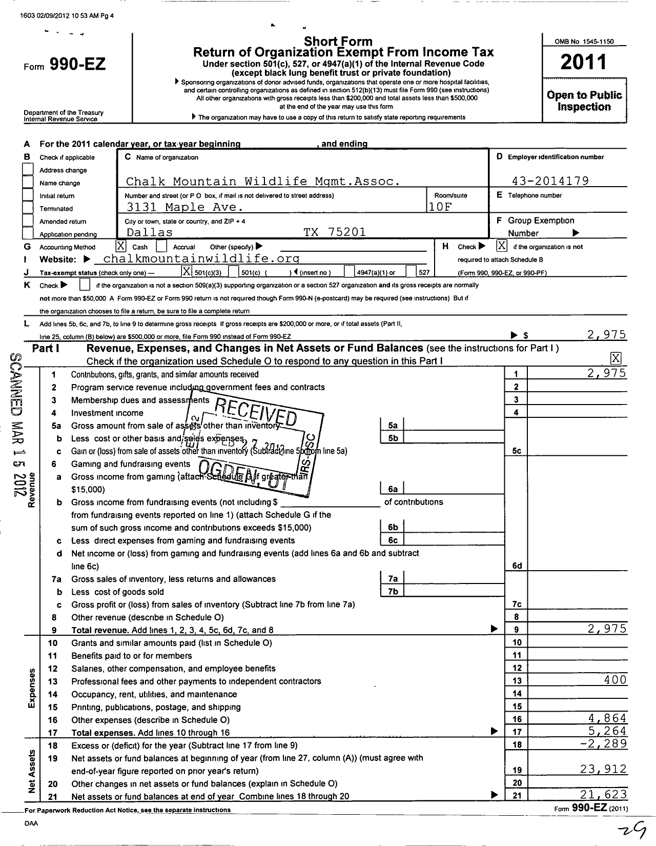 Image of first page of 2011 Form 990EZ for Chalk Mountain Wildlife Management Association