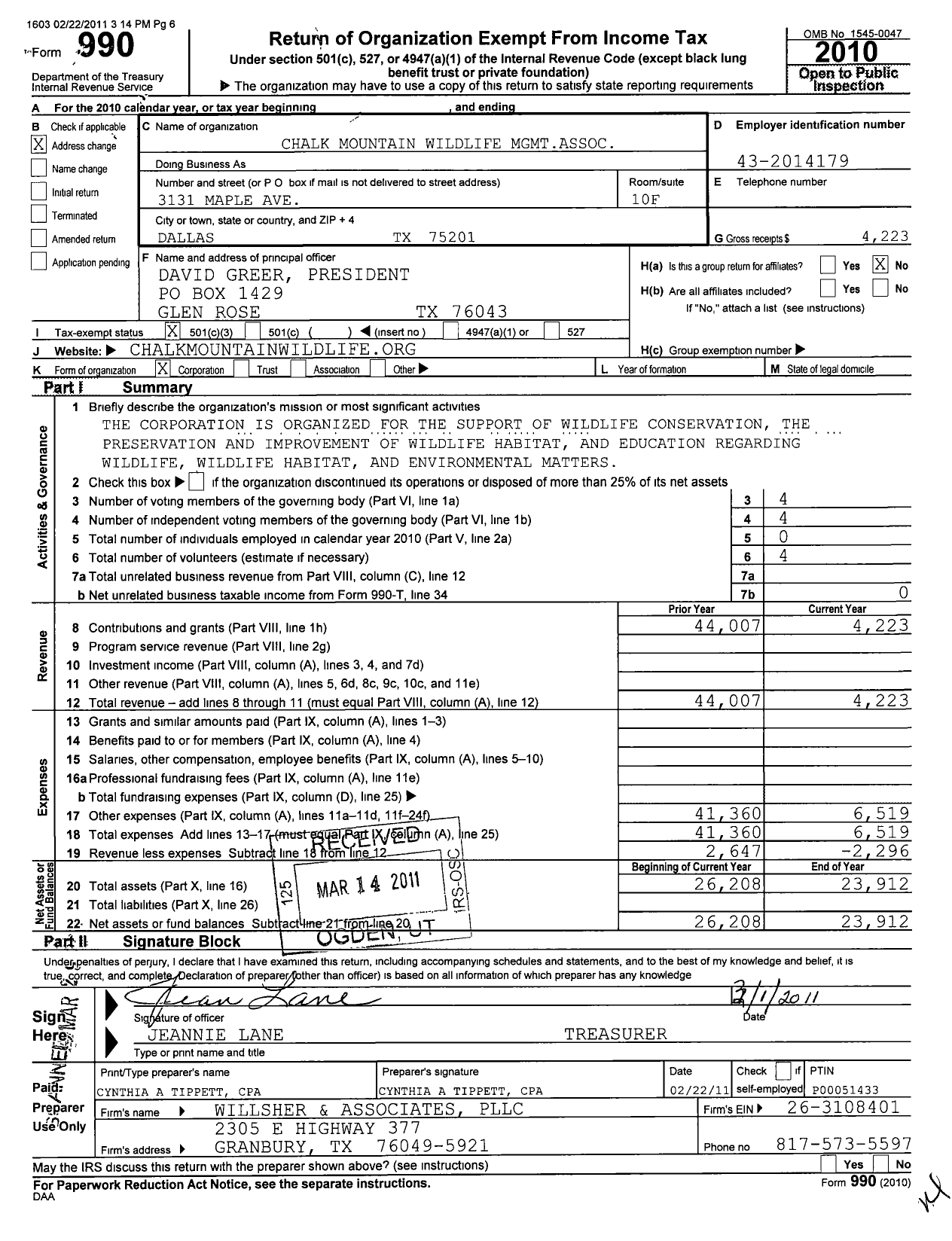 Image of first page of 2010 Form 990 for Chalk Mountain Wildlife Management Association