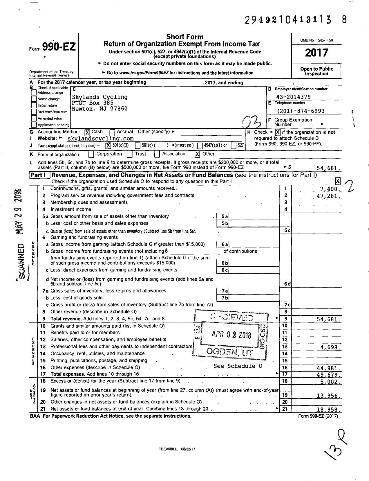 Image of first page of 2017 Form 990EZ for Skylands Cycling