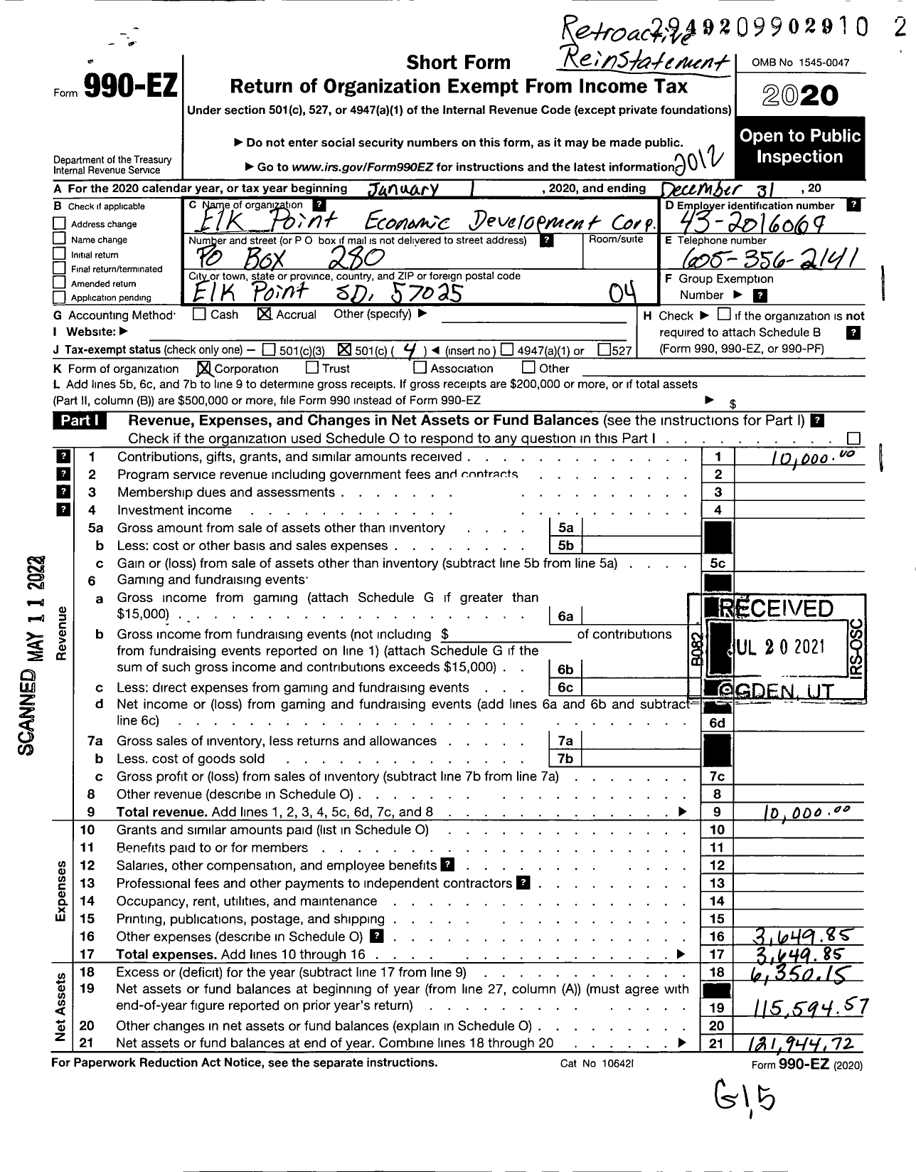 Image of first page of 2020 Form 990EO for Economic Development Corporation