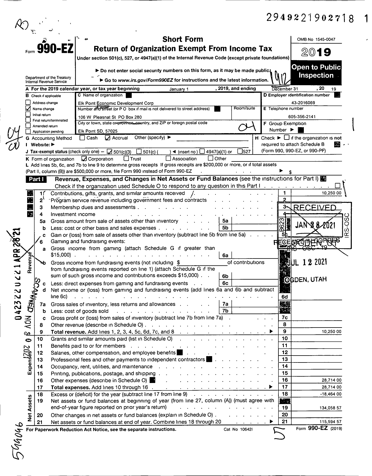 Image of first page of 2019 Form 990EO for Economic Development Corporation