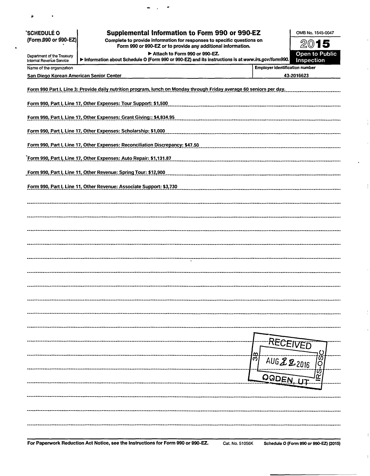 Image of first page of 2015 Form 990R for The San Diego Korean American Senior Center