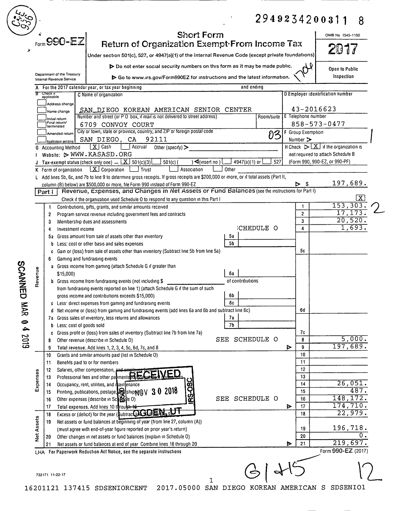 Image of first page of 2016 Form 990EZ for The San Diego Korean American Senior Center