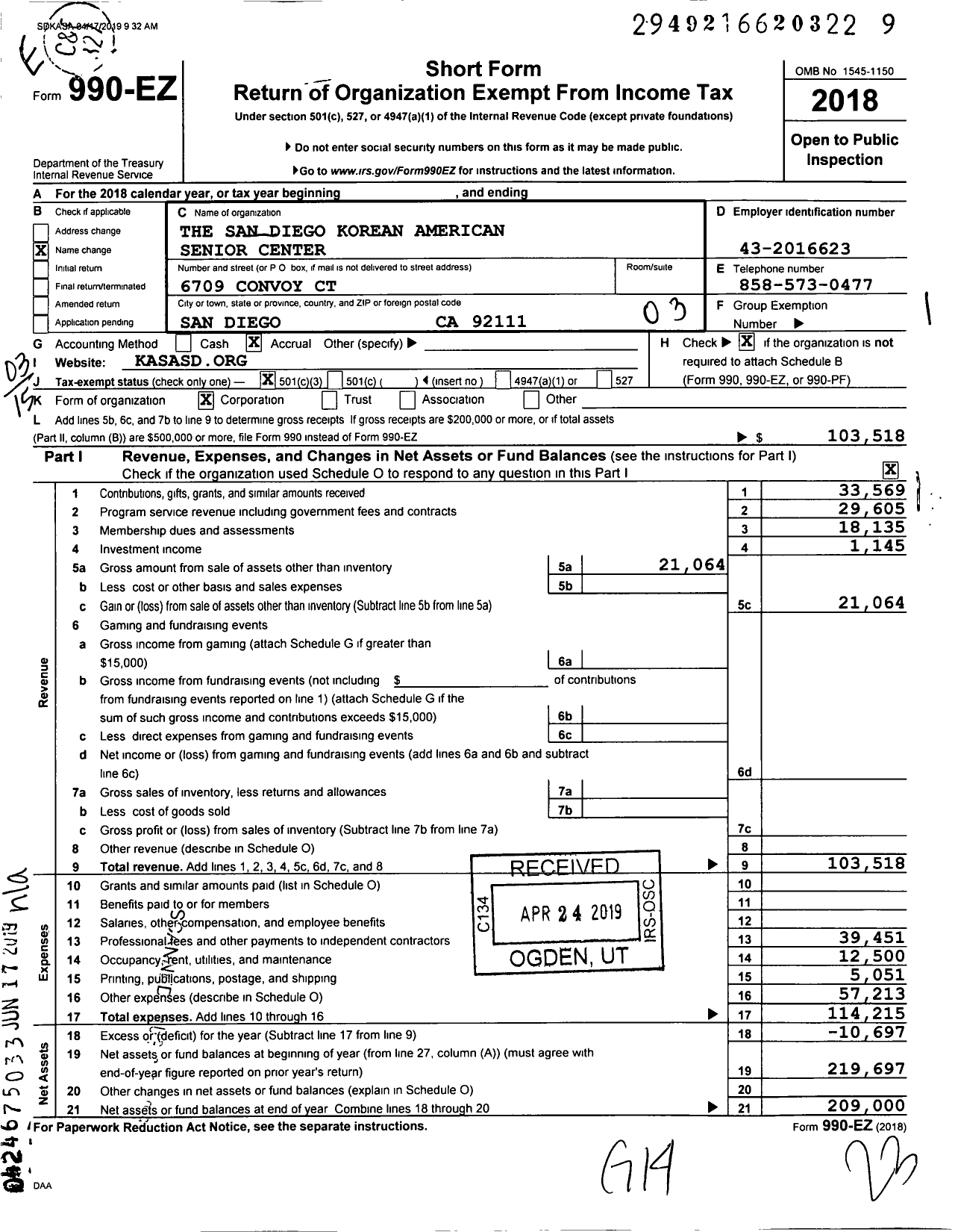 Image of first page of 2018 Form 990EZ for The San Diego Korean American Senior Center