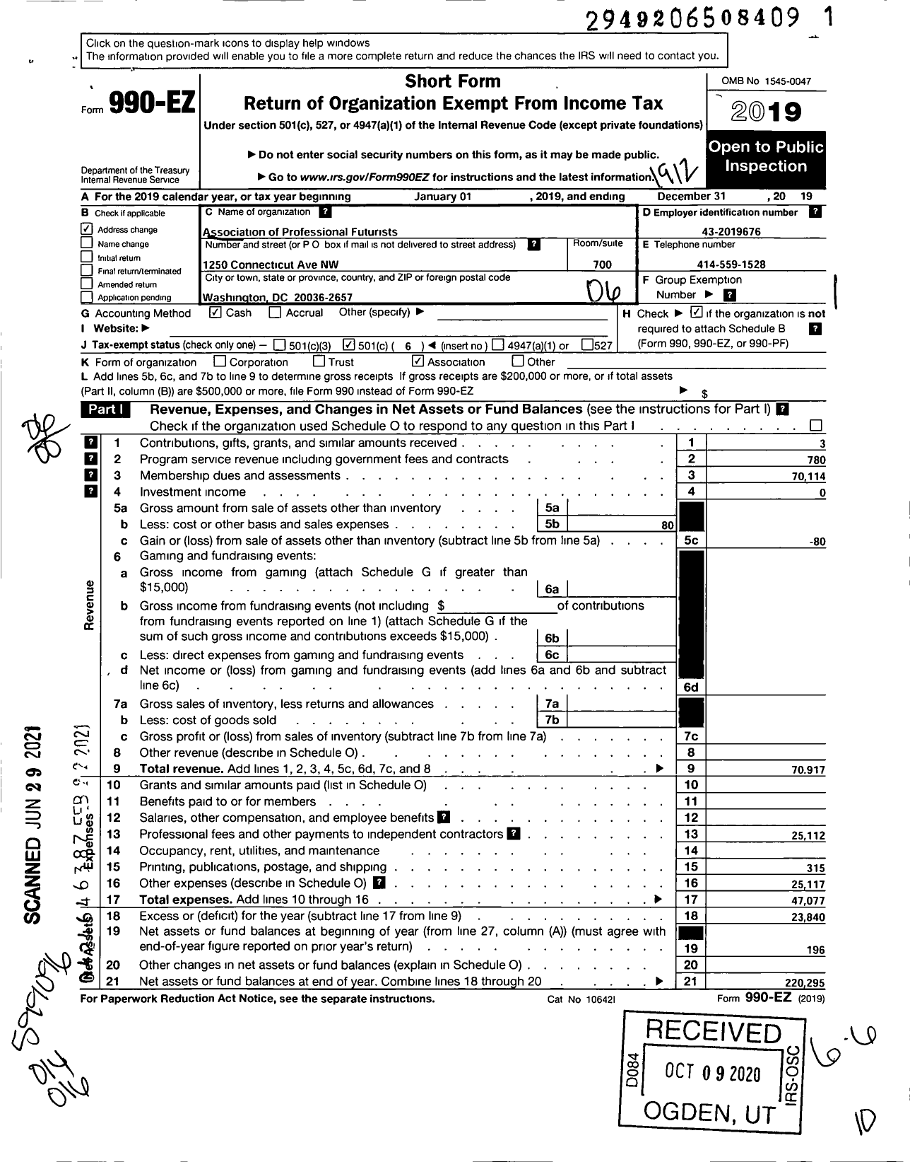 Image of first page of 2019 Form 990EO for Association of Professional Futurists