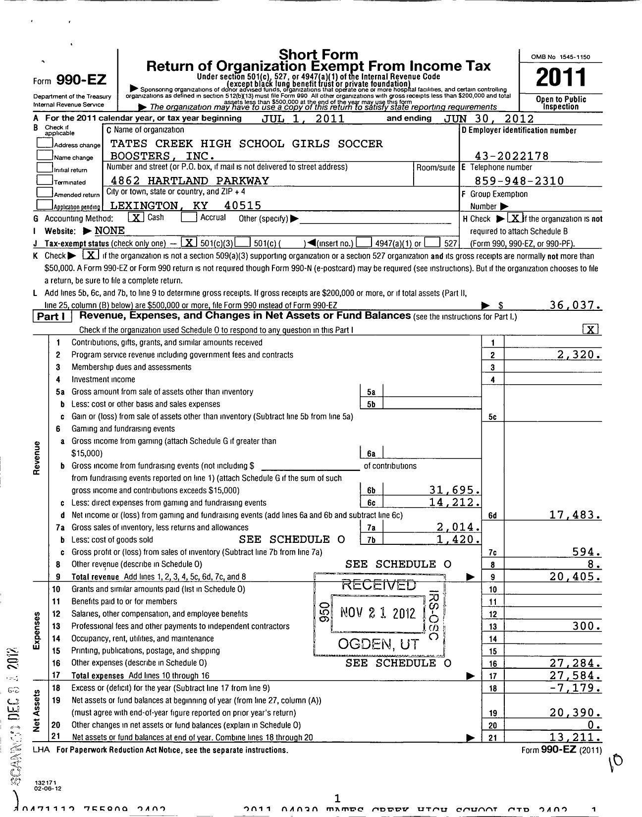 Image of first page of 2011 Form 990EZ for Tates Creek High School Girls Girls Soccer Boosters