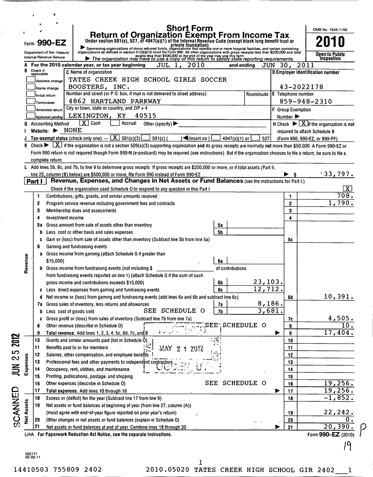 Image of first page of 2010 Form 990EZ for Tates Creek High School Girls Girls Soccer Boosters