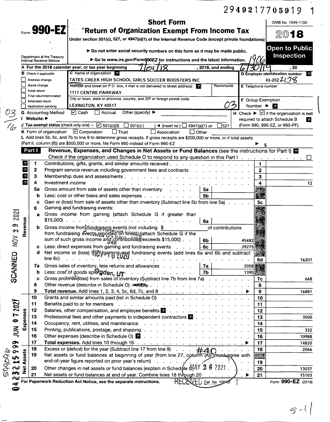 Image of first page of 2018 Form 990EZ for Tates Creek High School Girls Girls Soccer Boosters