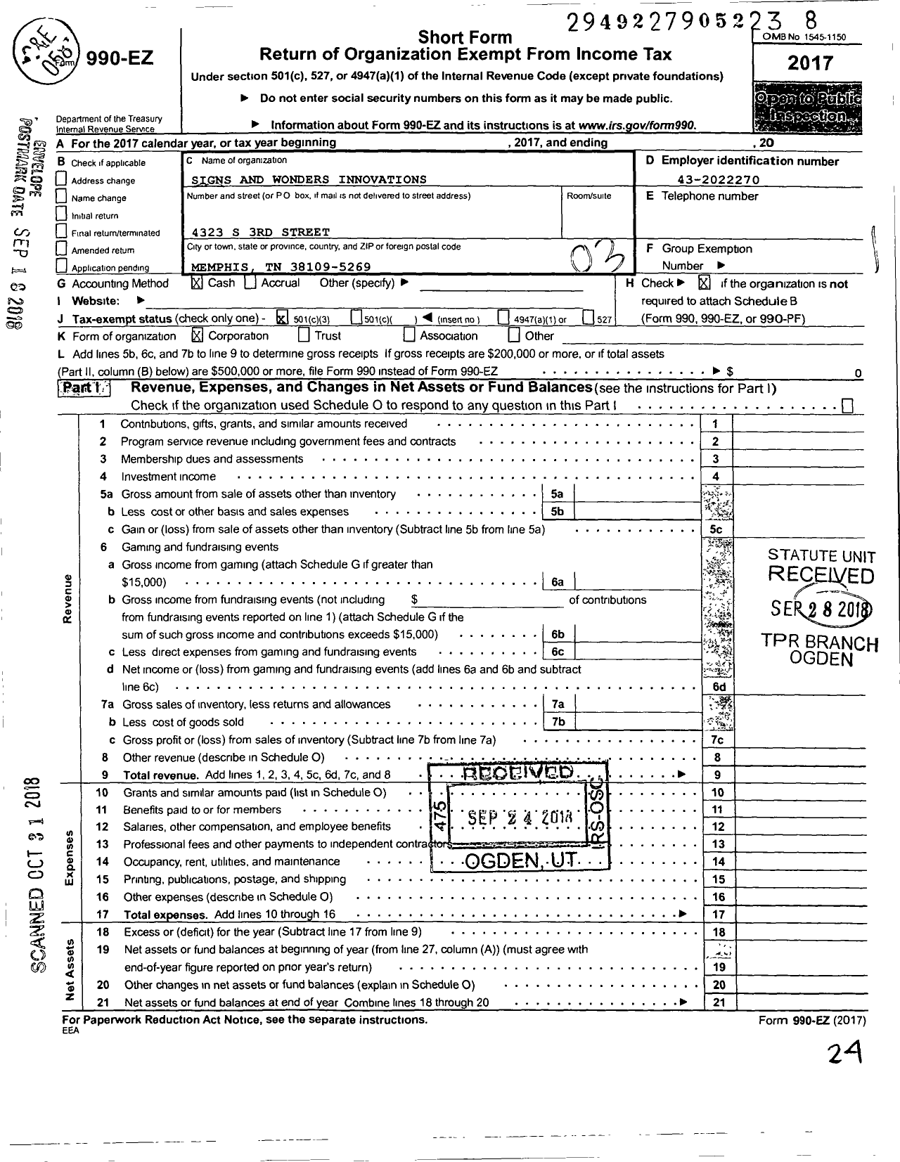 Image of first page of 2017 Form 990EZ for Signs and Wonders Innovations