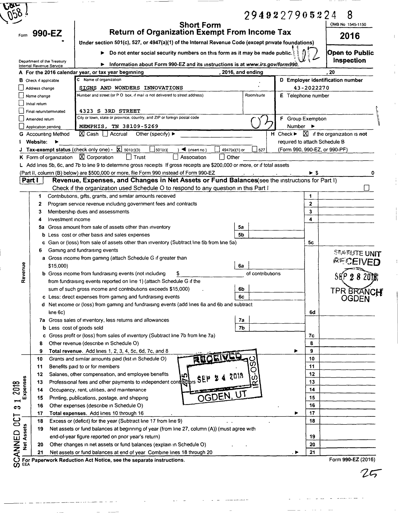 Image of first page of 2016 Form 990EZ for Signs and Wonders Innovations