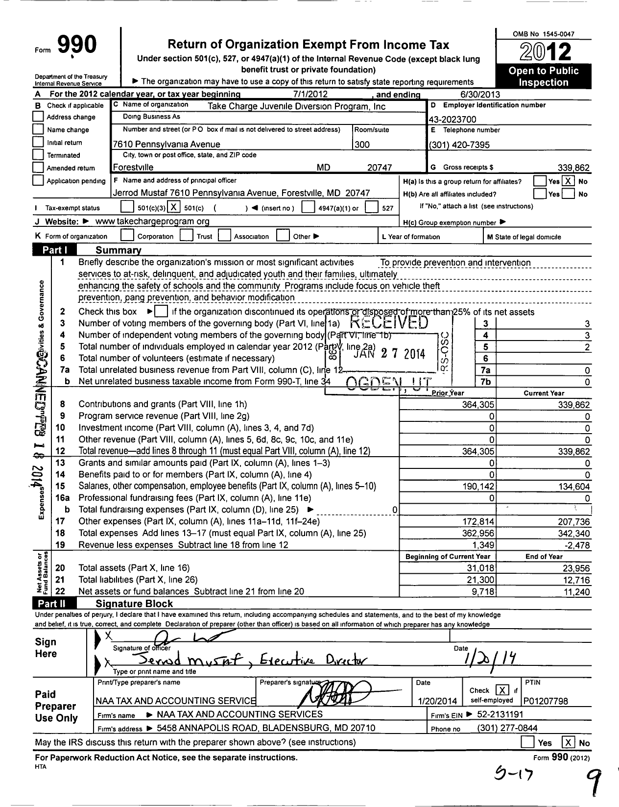 Image of first page of 2012 Form 990O for Take Charge Juvenile Diversion Program