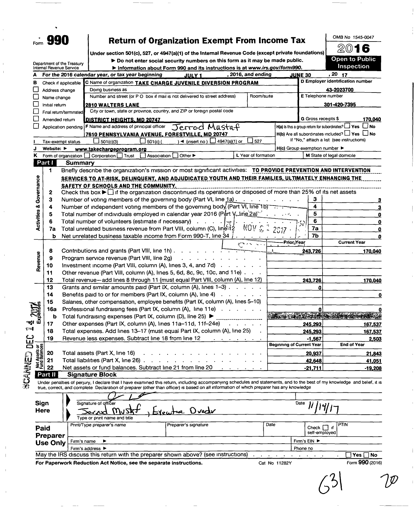 Image of first page of 2016 Form 990O for Take Charge Juvenile Diversion Program