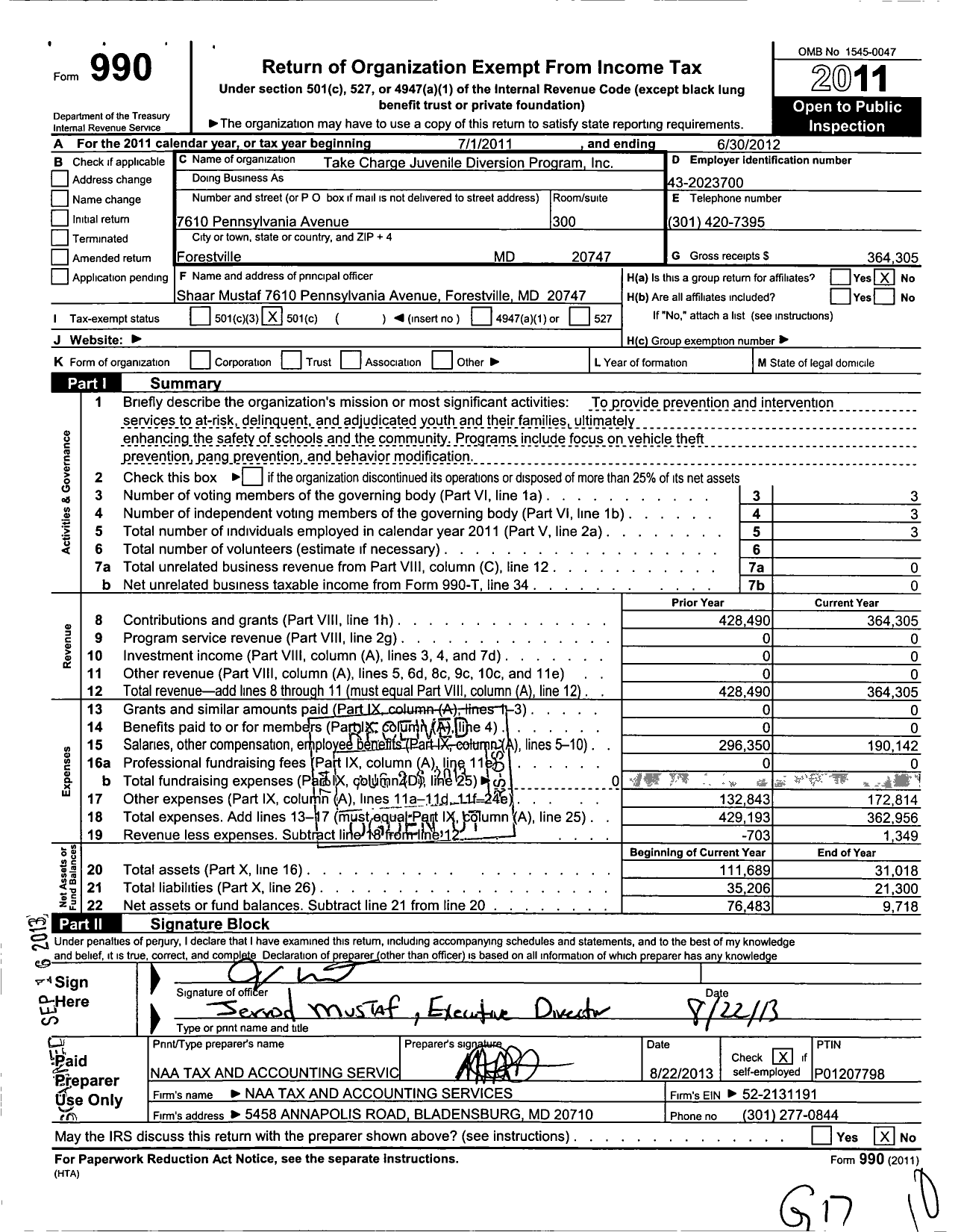 Image of first page of 2011 Form 990O for Take Charge Juvenile Diversion Program