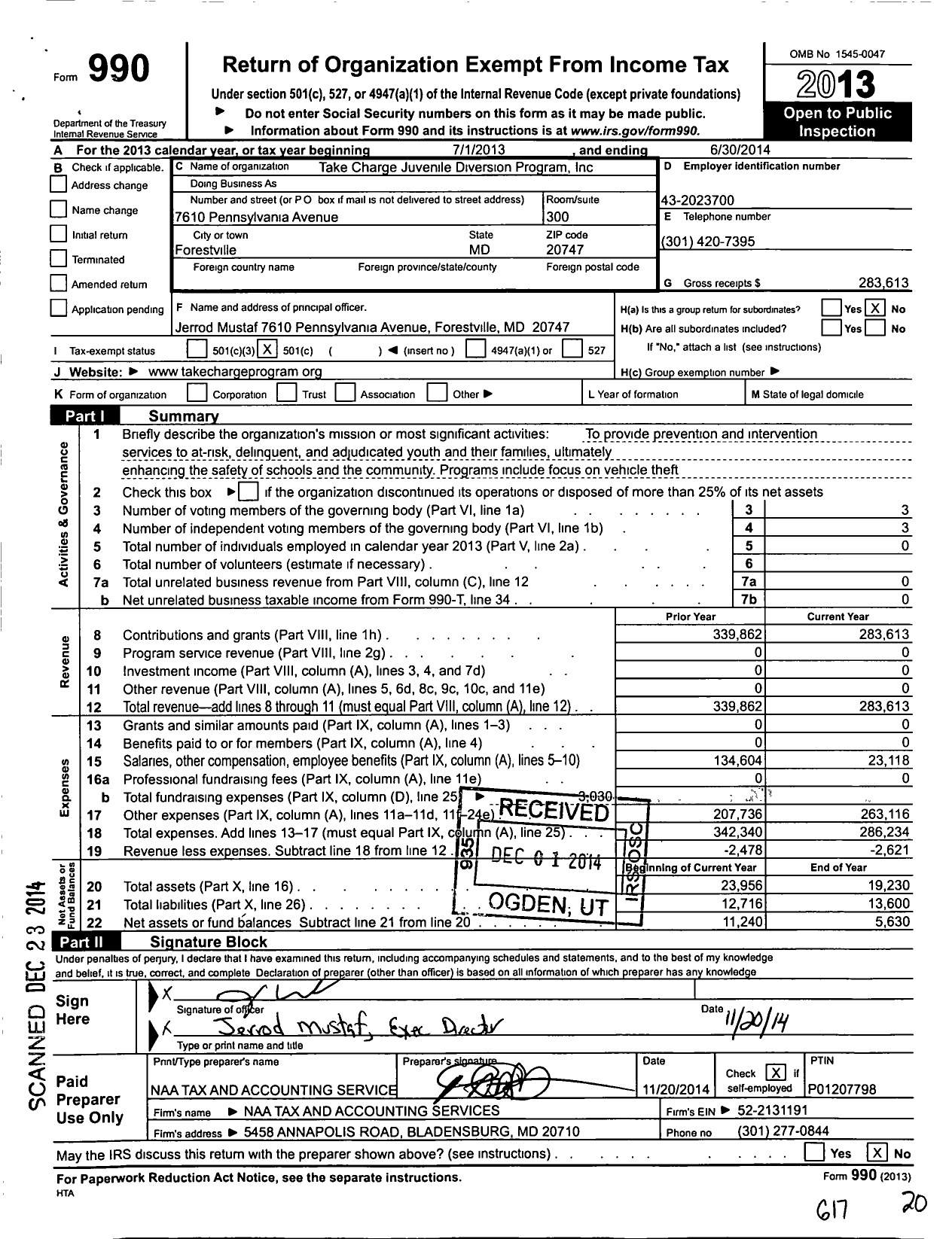 Image of first page of 2013 Form 990O for Take Charge Juvenile Diversion Program