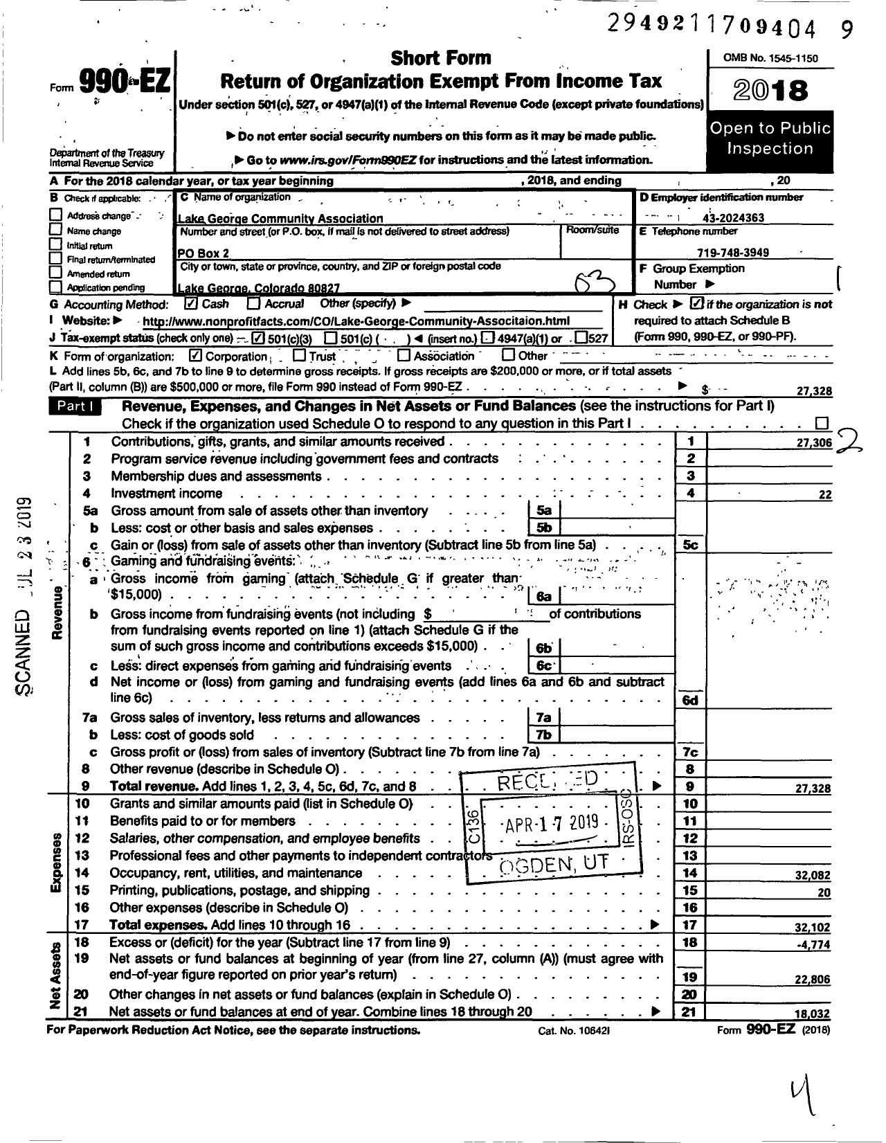 Image of first page of 2018 Form 990EZ for Lake George Community Associtaion