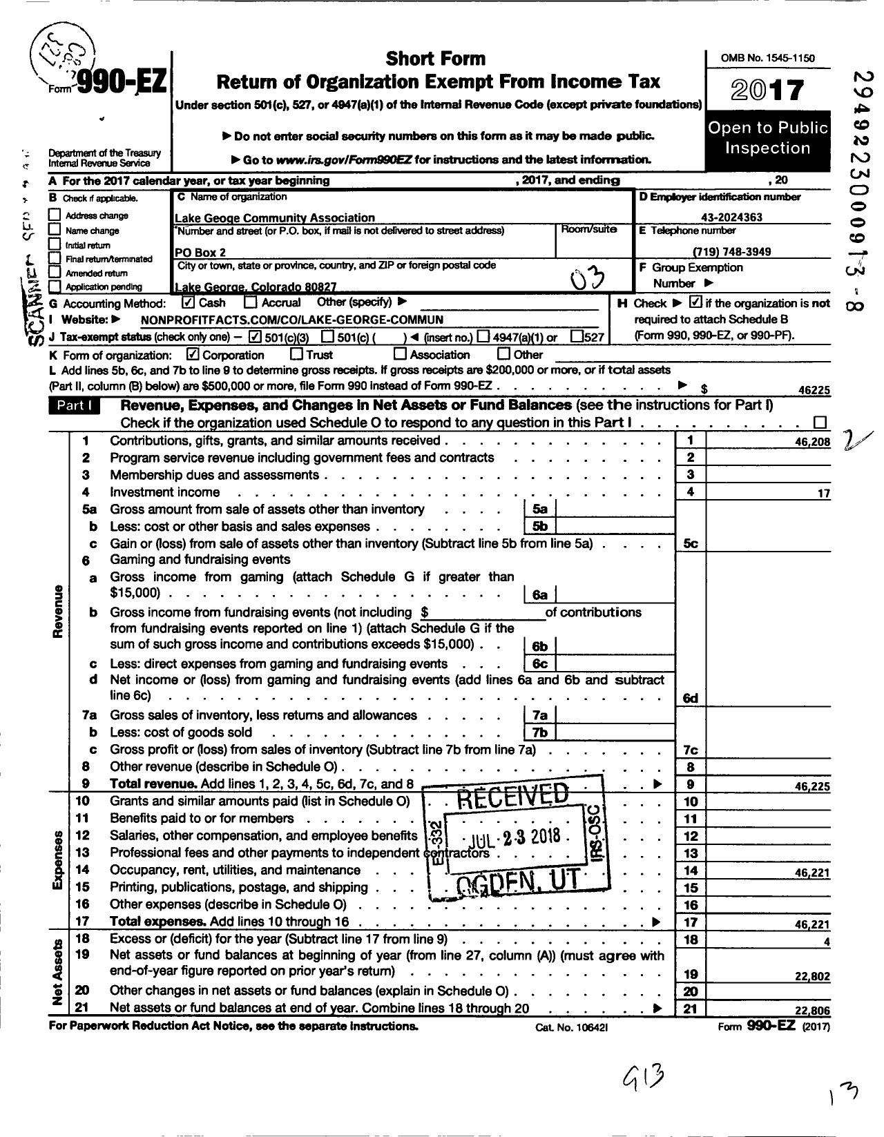 Image of first page of 2017 Form 990EZ for Lake George Community Associtaion