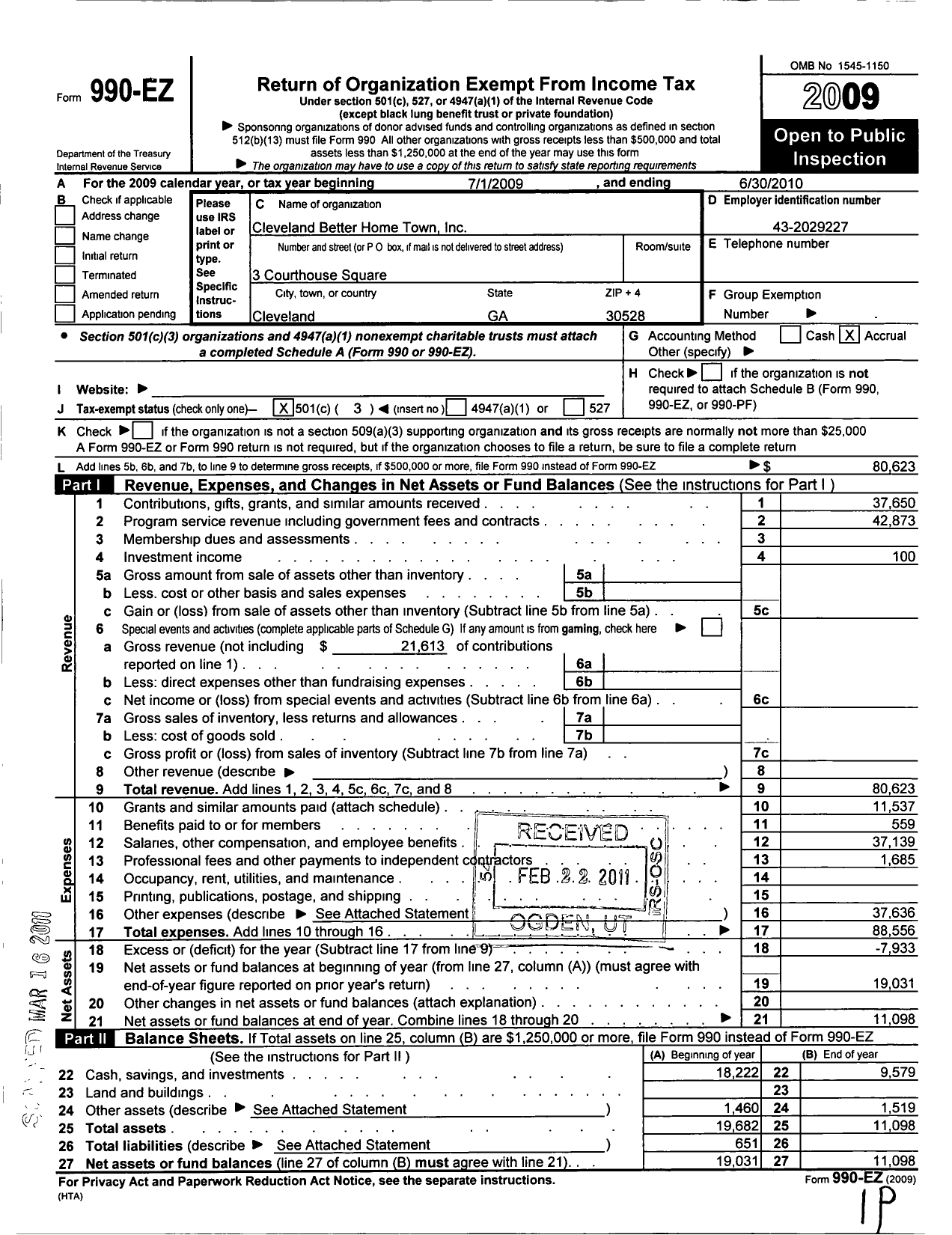 Image of first page of 2009 Form 990EZ for Cleveland Better Home Town