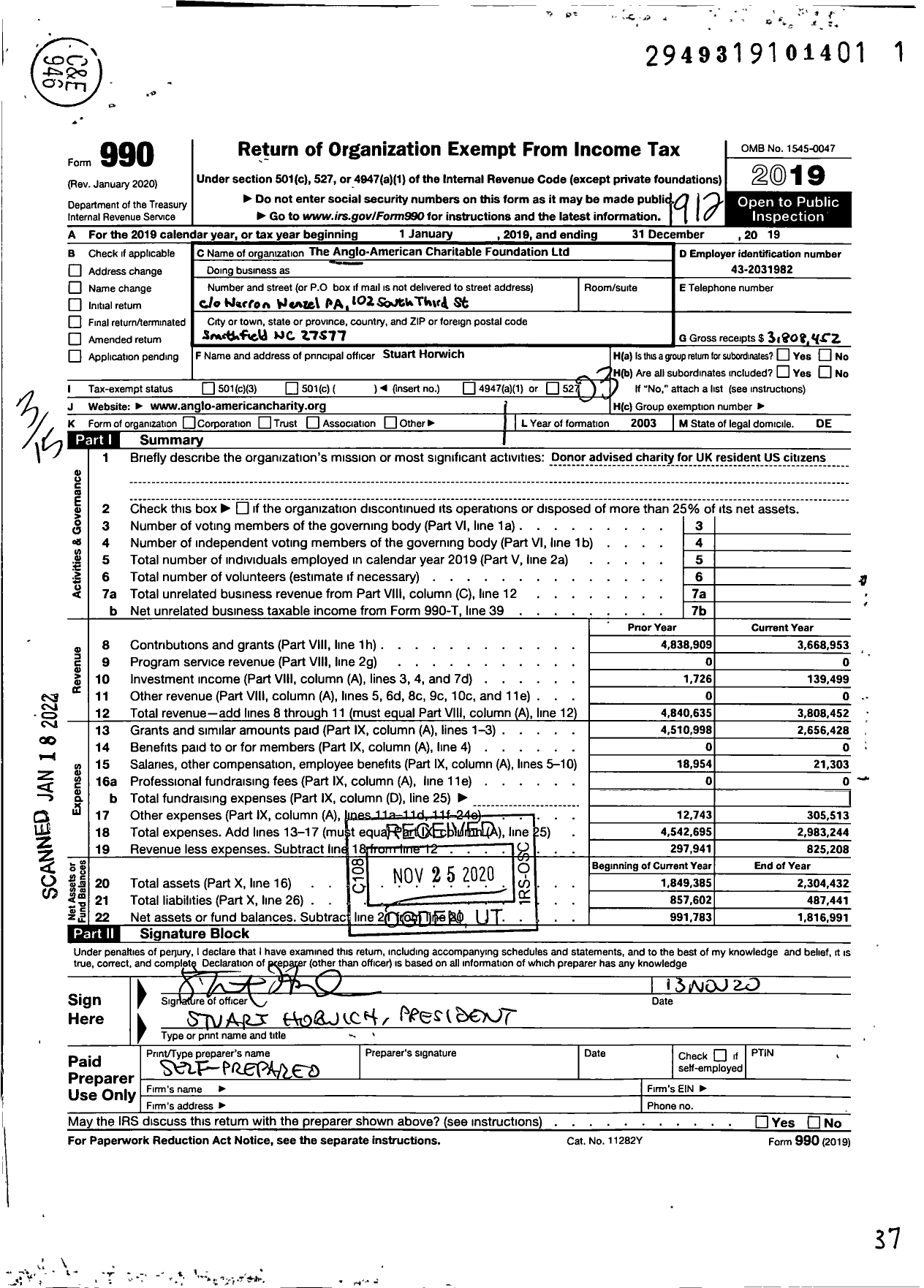 Image of first page of 2019 Form 990 for Anglo-American Charitable Foundation