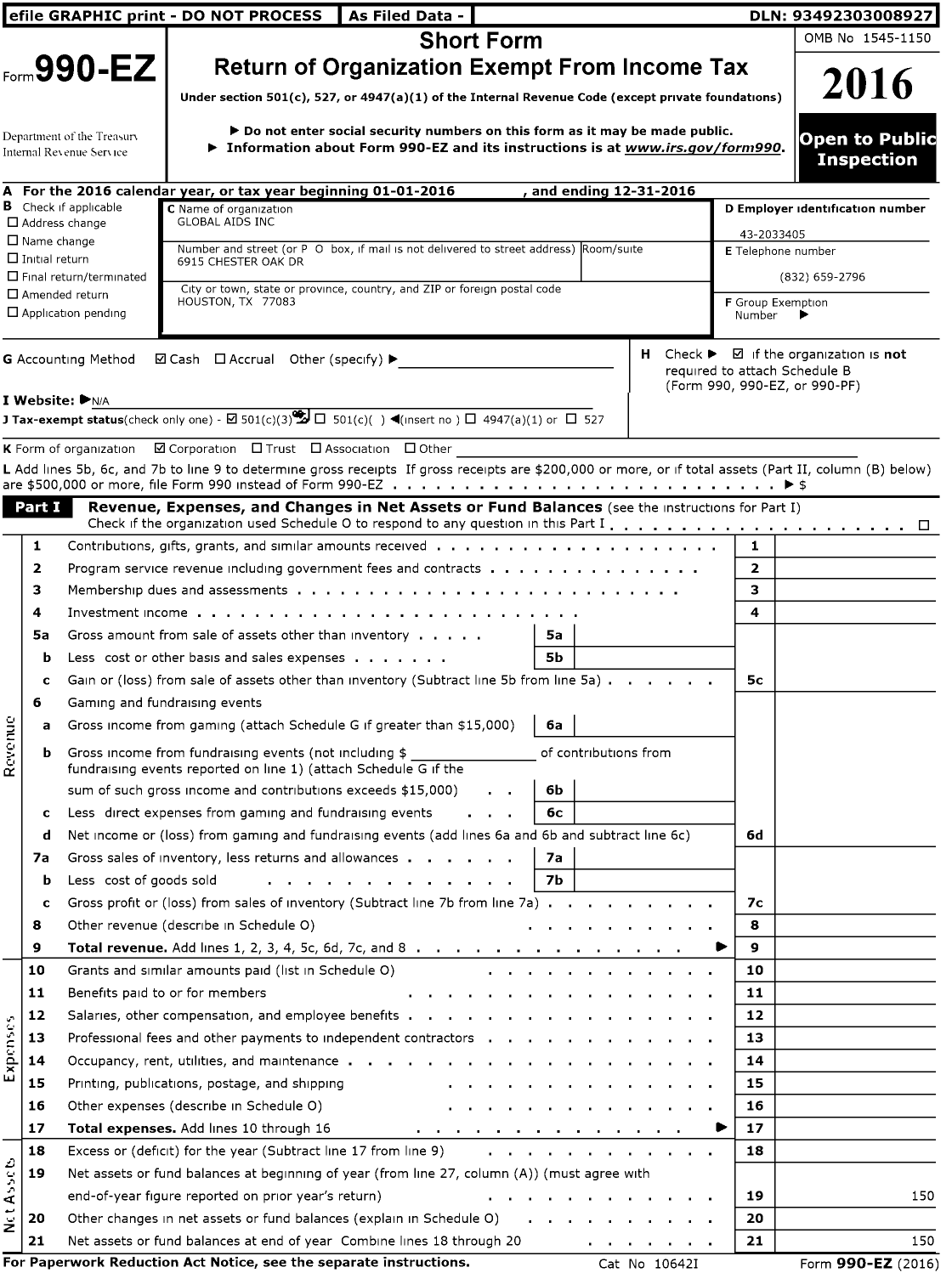 Image of first page of 2016 Form 990EZ for Global Aids