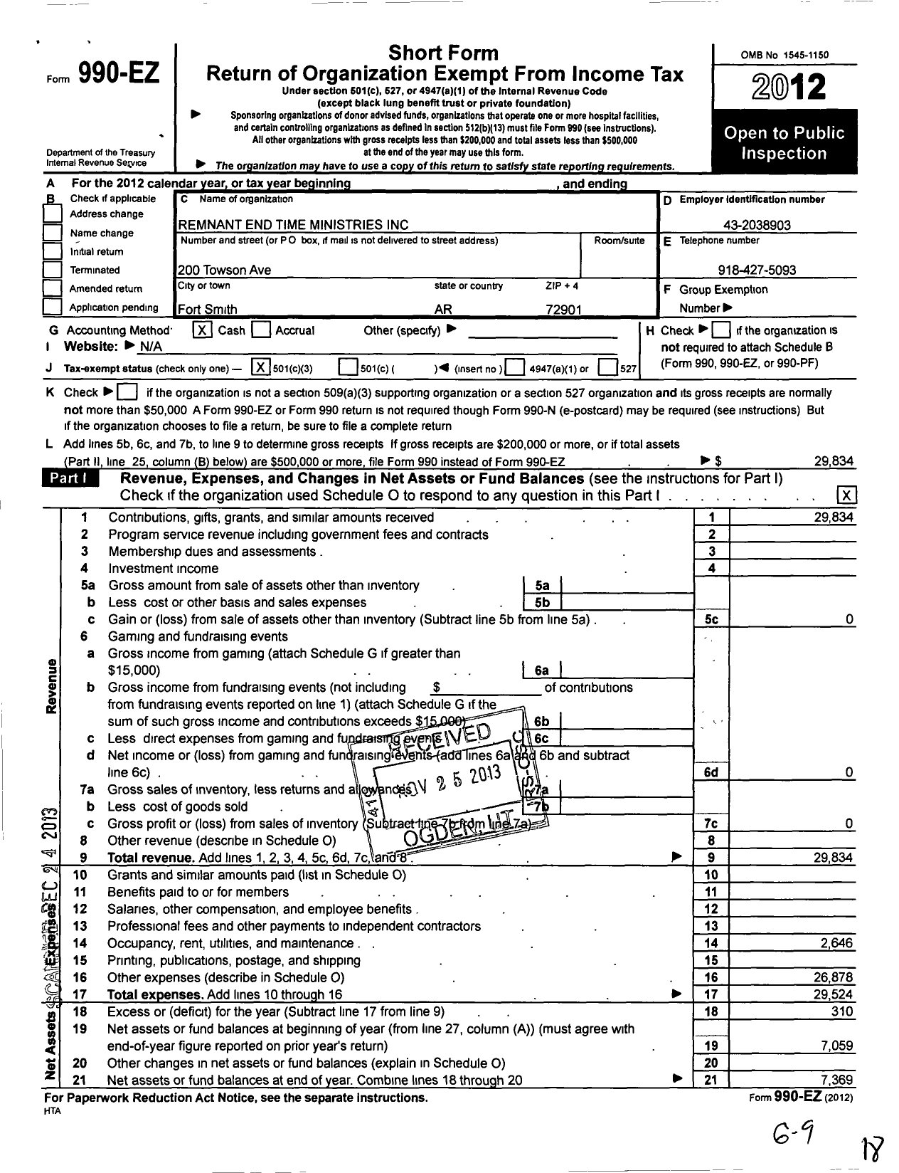 Image of first page of 2012 Form 990EZ for Remnant End Times Ministries