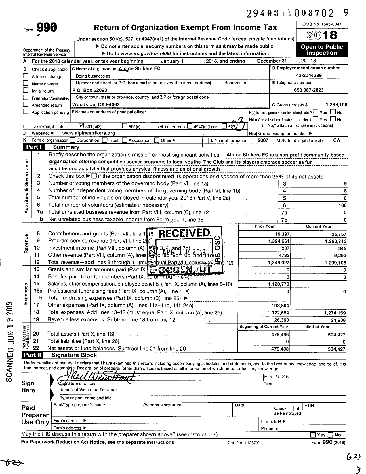 Image of first page of 2018 Form 990 for Alpine Strikers FC