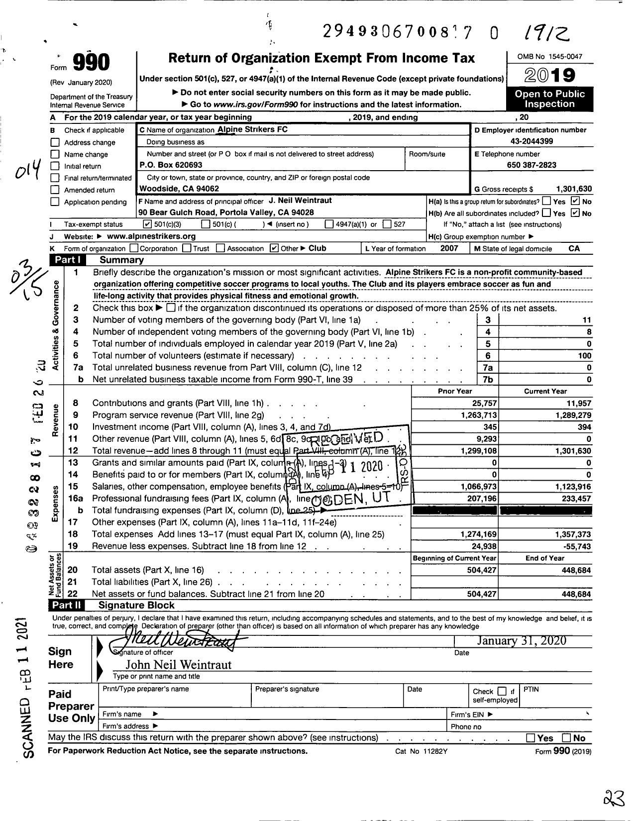 Image of first page of 2019 Form 990 for Alpine Strikers FC