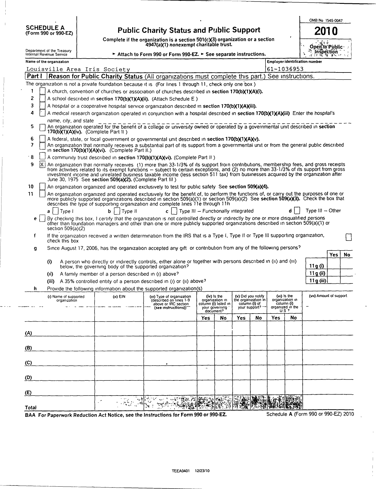 Image of first page of 2010 Form 990ER for American Iris Society / Louisville Area Iris Society Inc