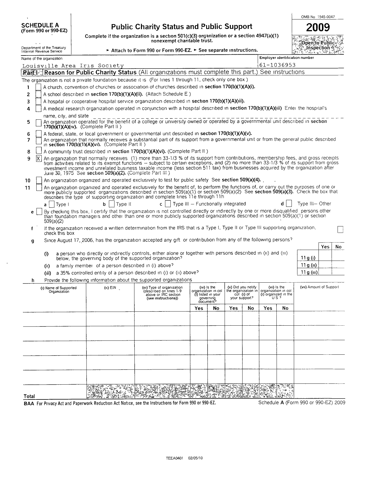 Image of first page of 2009 Form 990ER for American Iris Society / Louisville Area Iris Society Inc