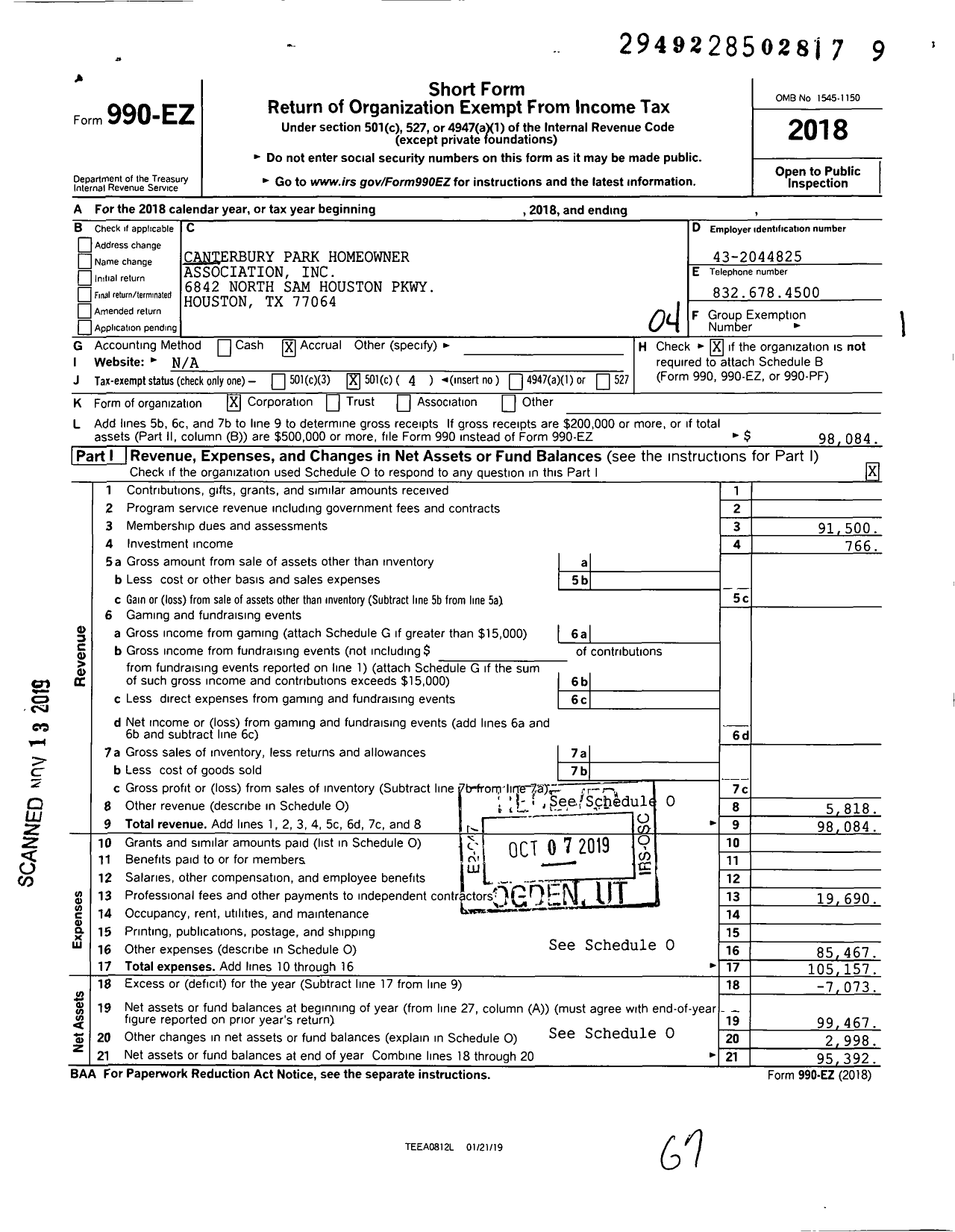 Image of first page of 2018 Form 990EO for Canterbury Park Hoa