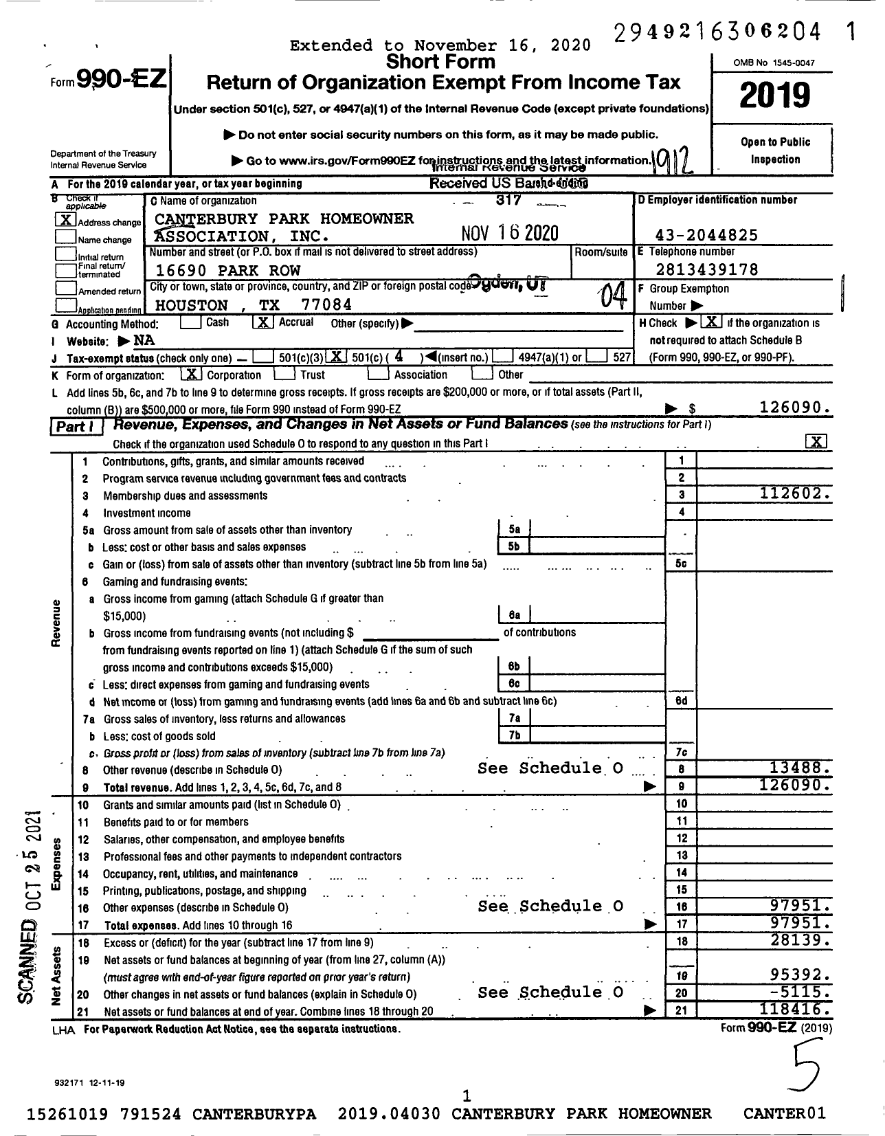 Image of first page of 2019 Form 990EO for Canterbury Park Hoa