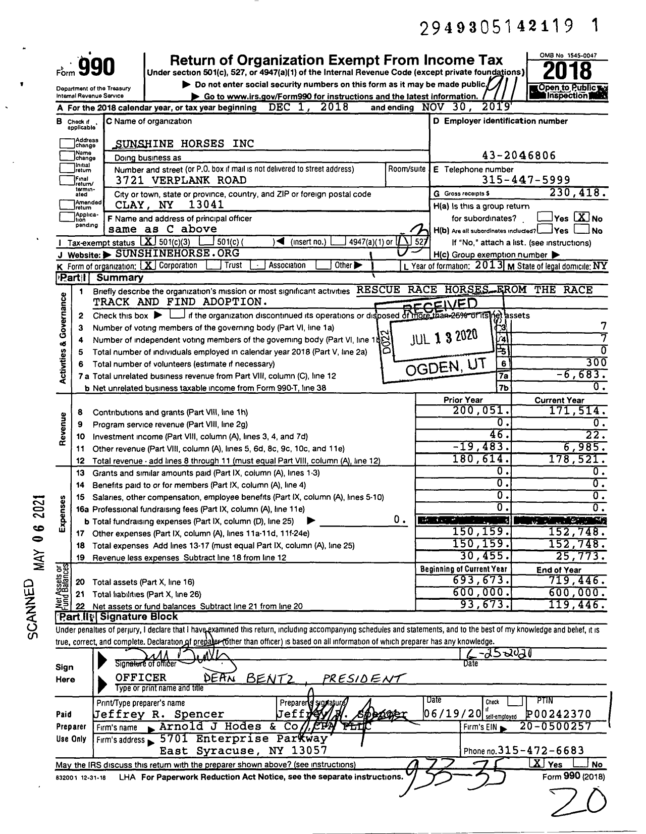 Image of first page of 2018 Form 990 for Sunshine Horses