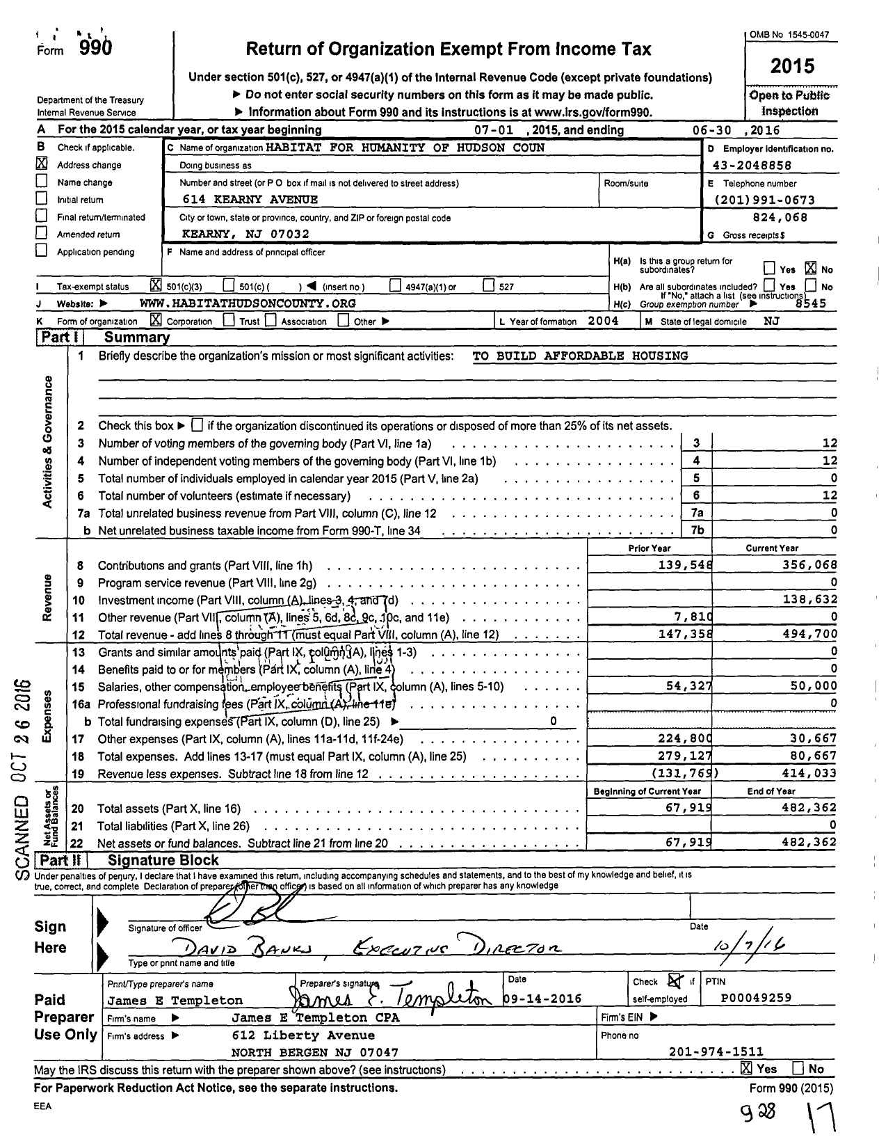 Image of first page of 2015 Form 990 for Habitat for Humanity of Hudson Coun