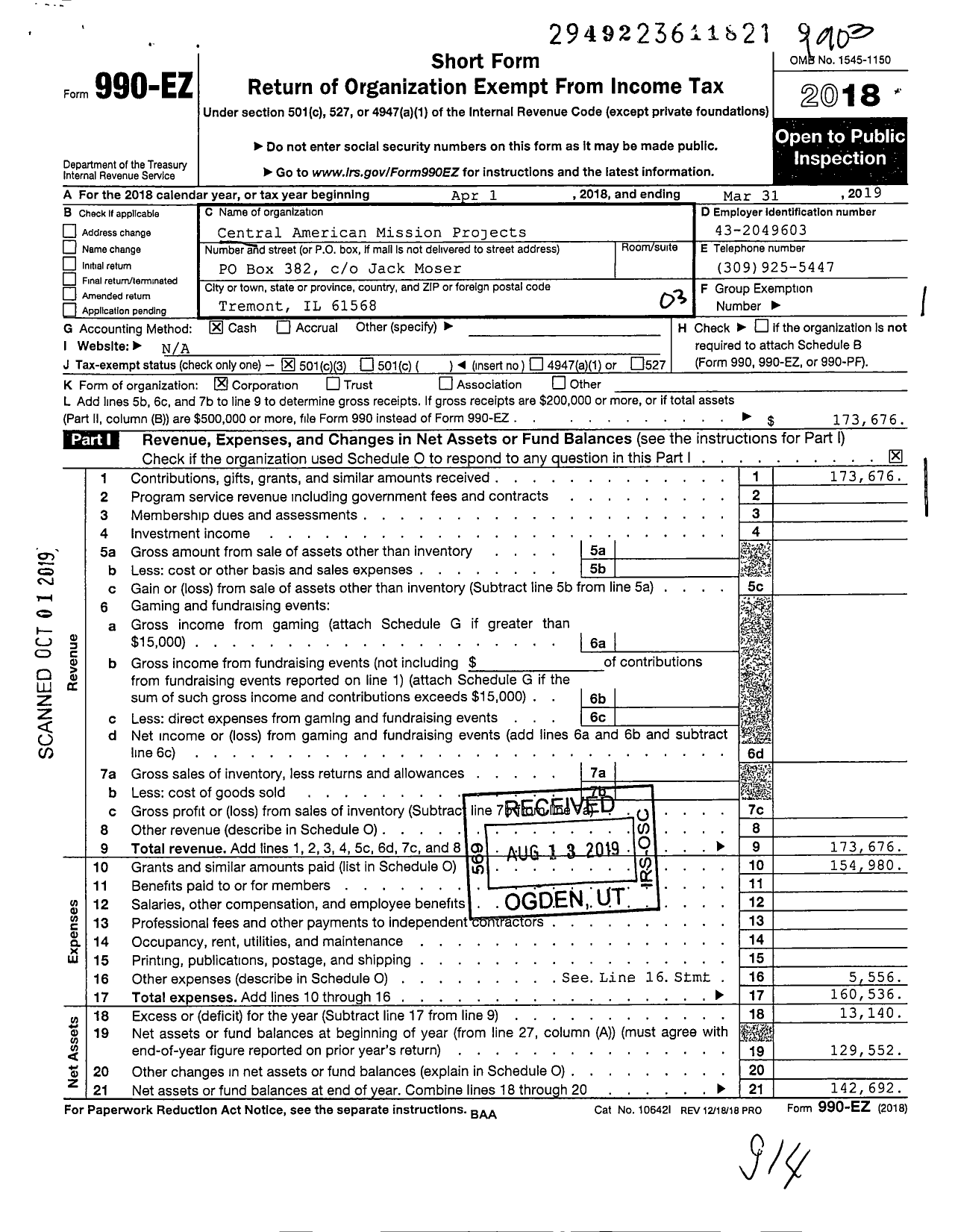 Image of first page of 2018 Form 990EZ for Central American Mission Projects