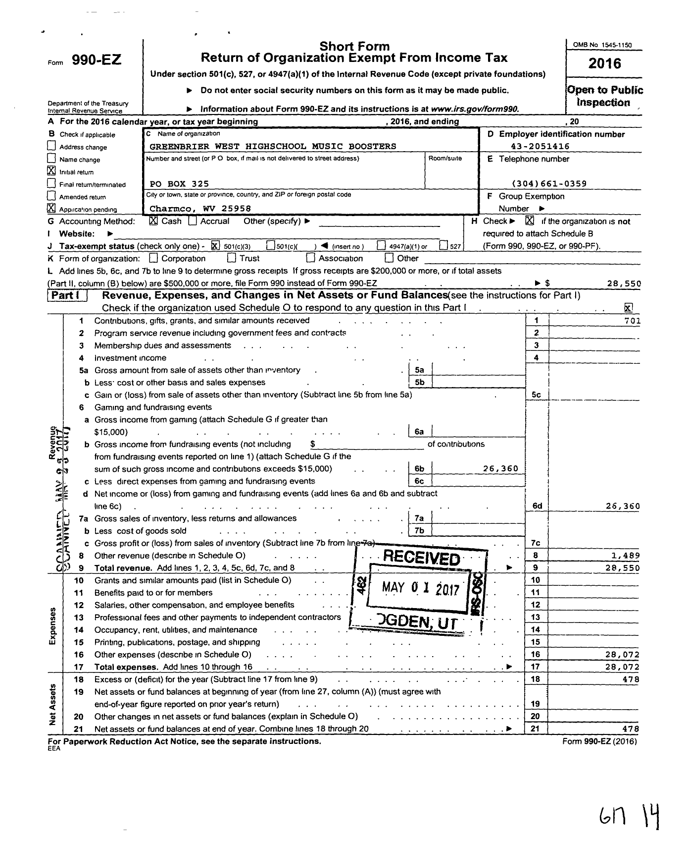 Image of first page of 2016 Form 990EZ for Greenbrier West Highschool Music Boosters