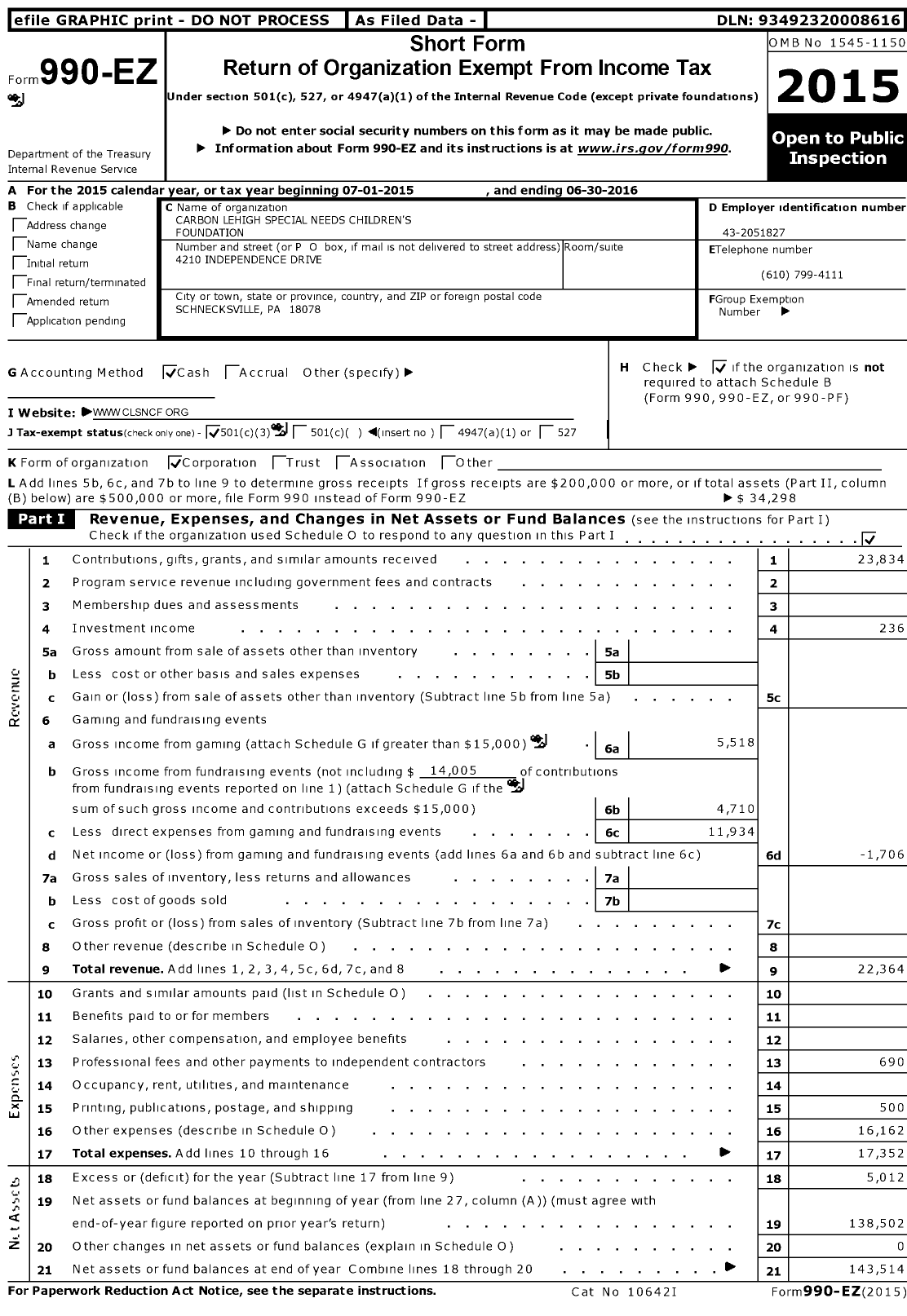 Image of first page of 2015 Form 990EZ for Carbon Lehigh Special Needs Children's Foundation