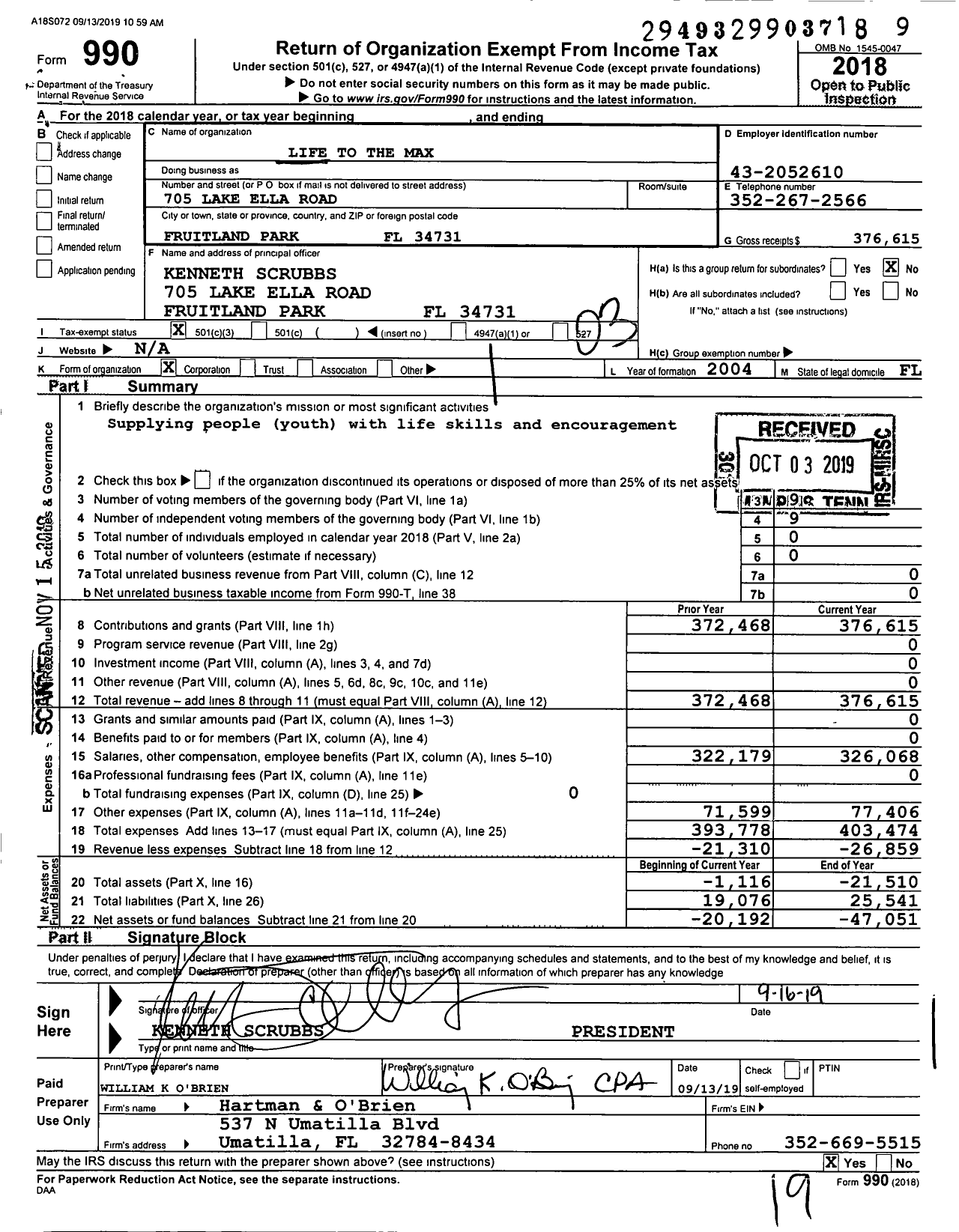 Image of first page of 2018 Form 990 for Life To the Max