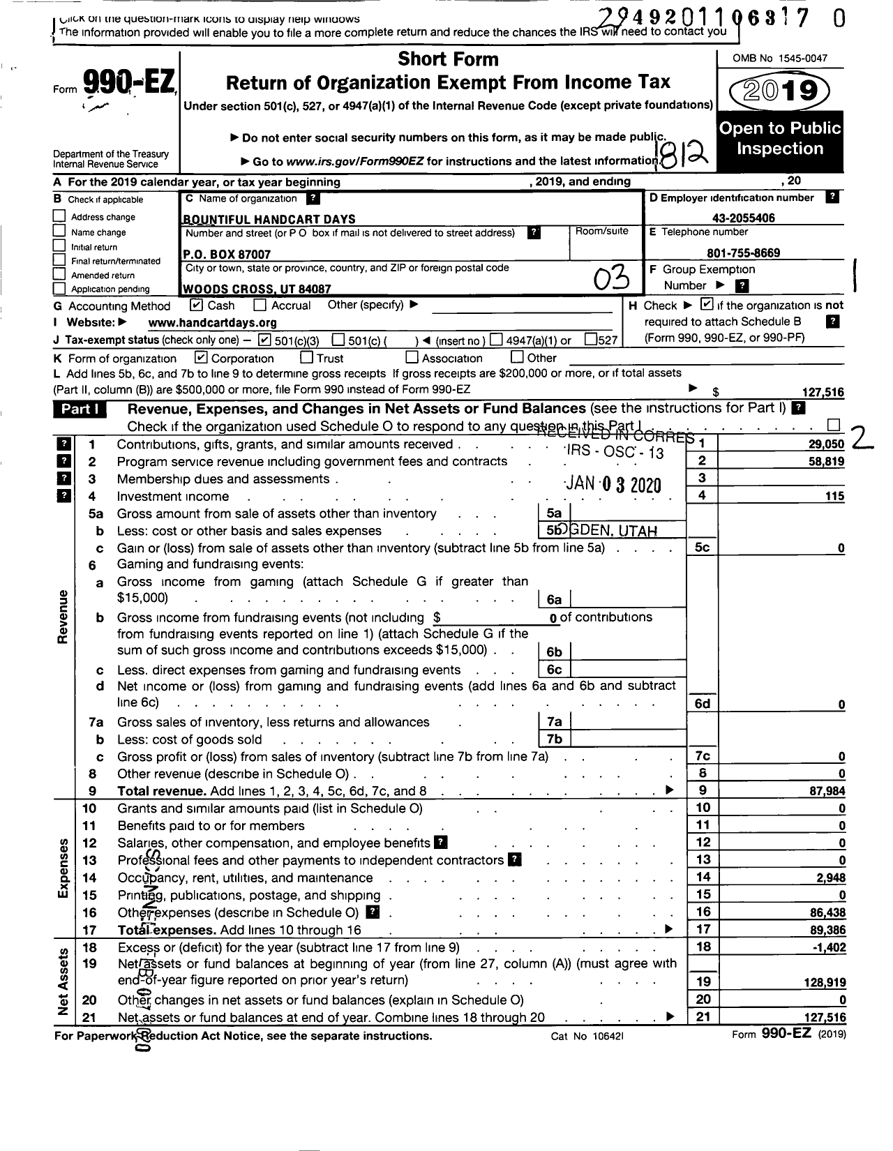 Image of first page of 2018 Form 990EZ for Bountiful Handcart Cart Days