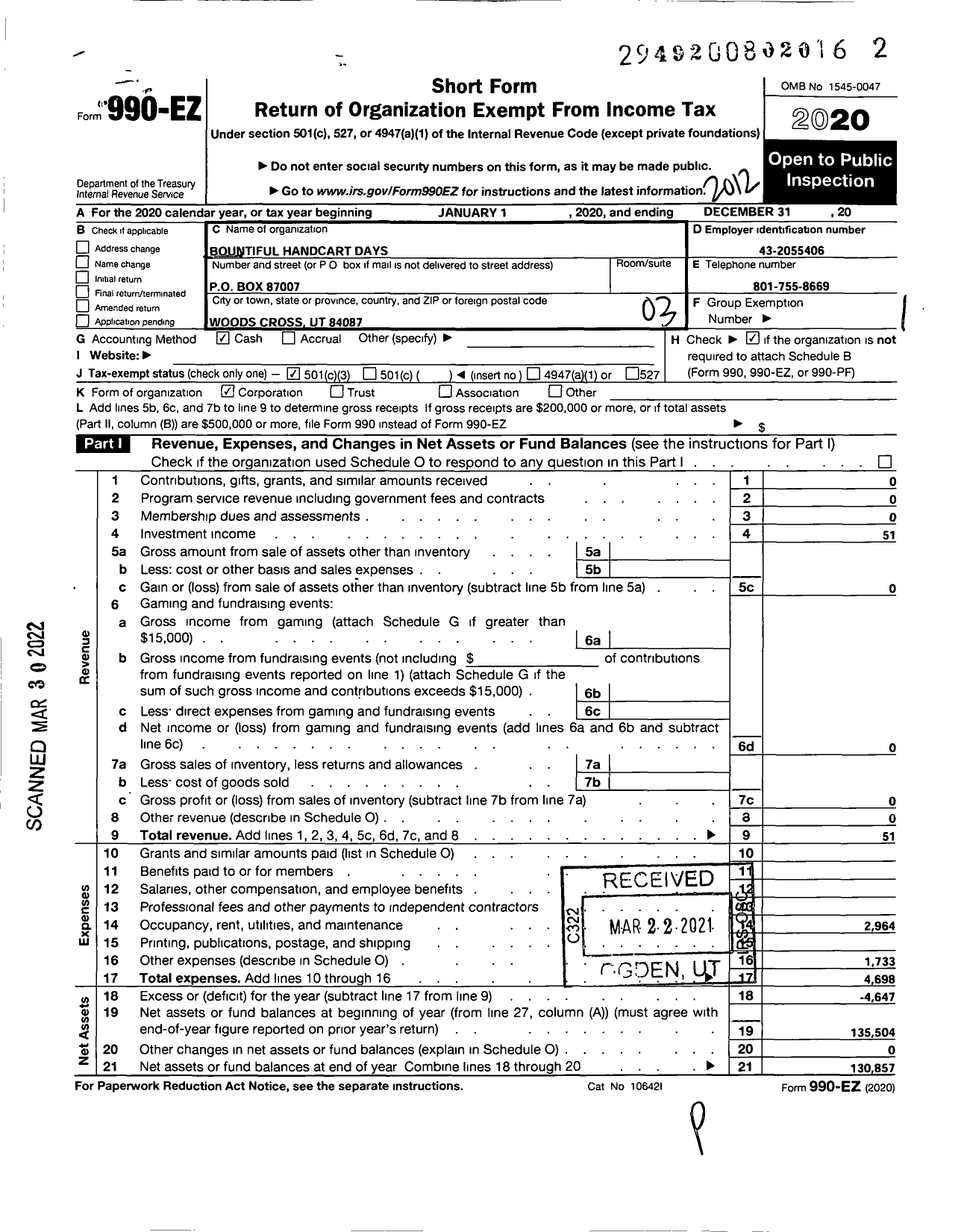 Image of first page of 2020 Form 990EZ for Bountiful Handcart Cart Days