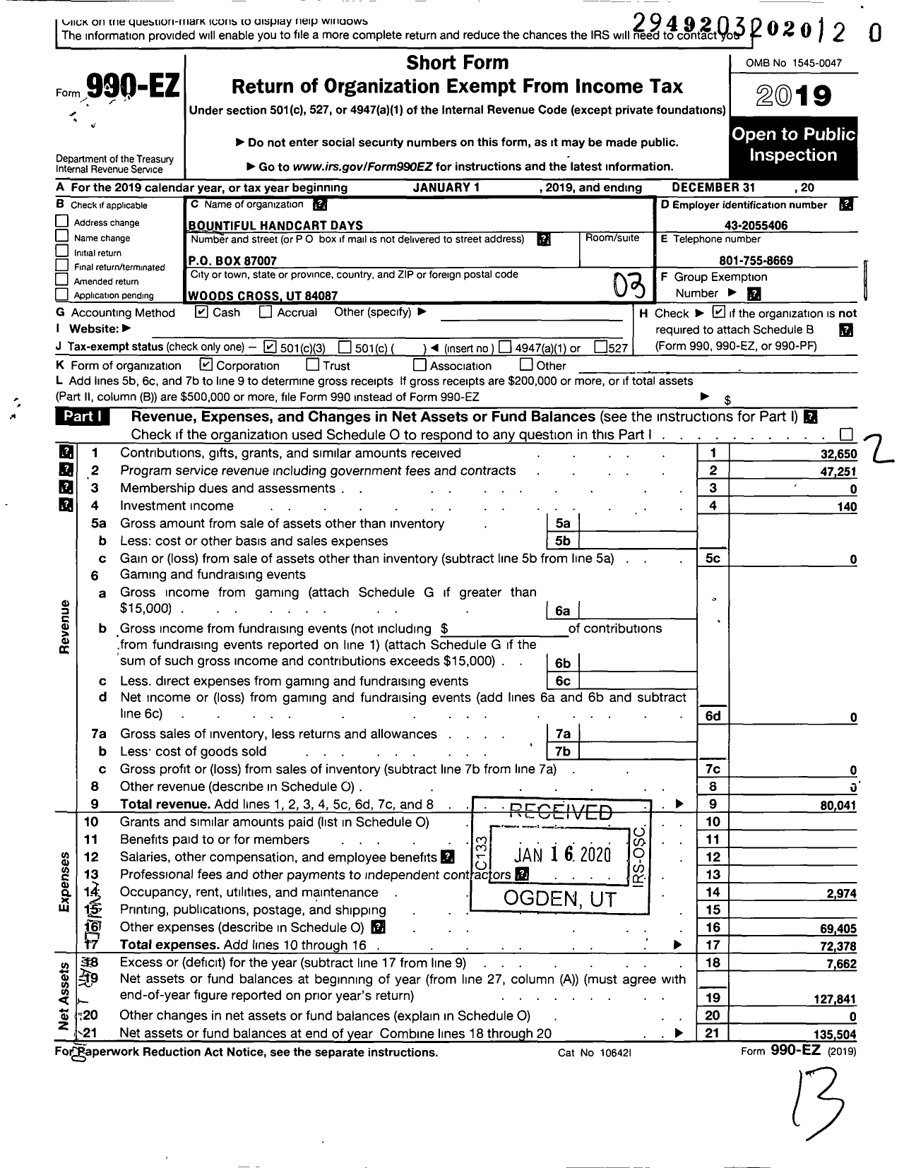 Image of first page of 2019 Form 990EZ for Bountiful Handcart Cart Days