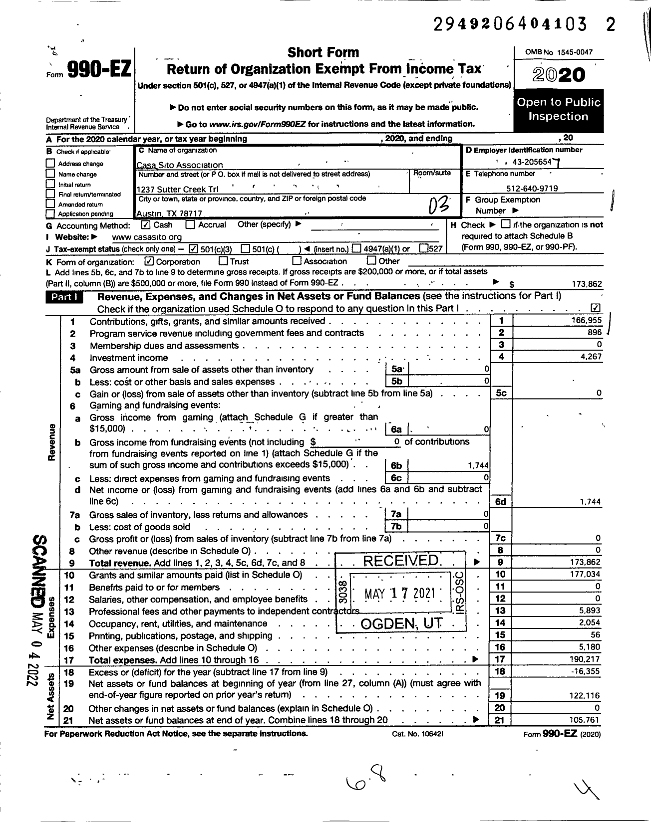 Image of first page of 2020 Form 990EZ for Casa Sito Association