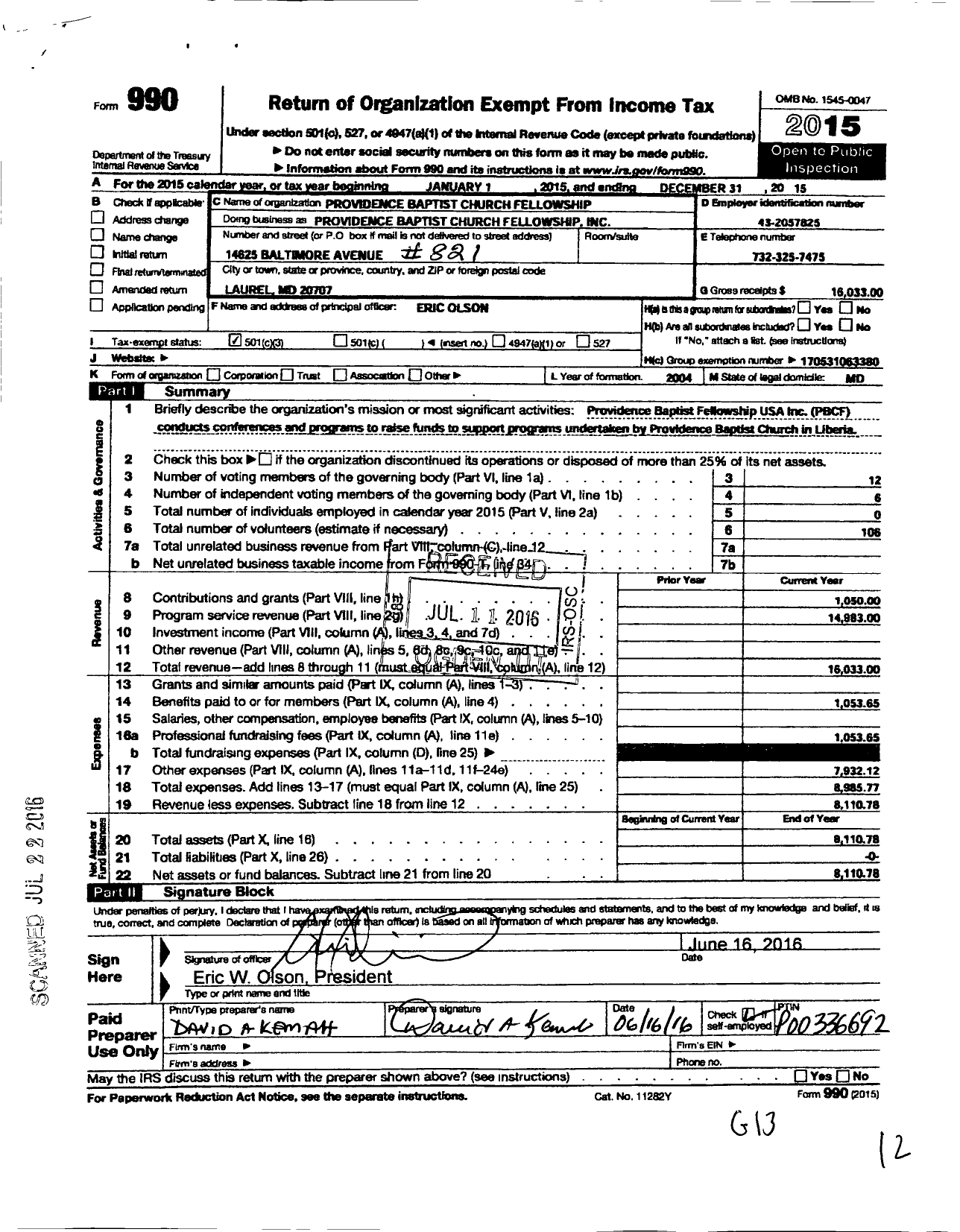 Image of first page of 2015 Form 990 for Providence Baptist Church Fellowship USA