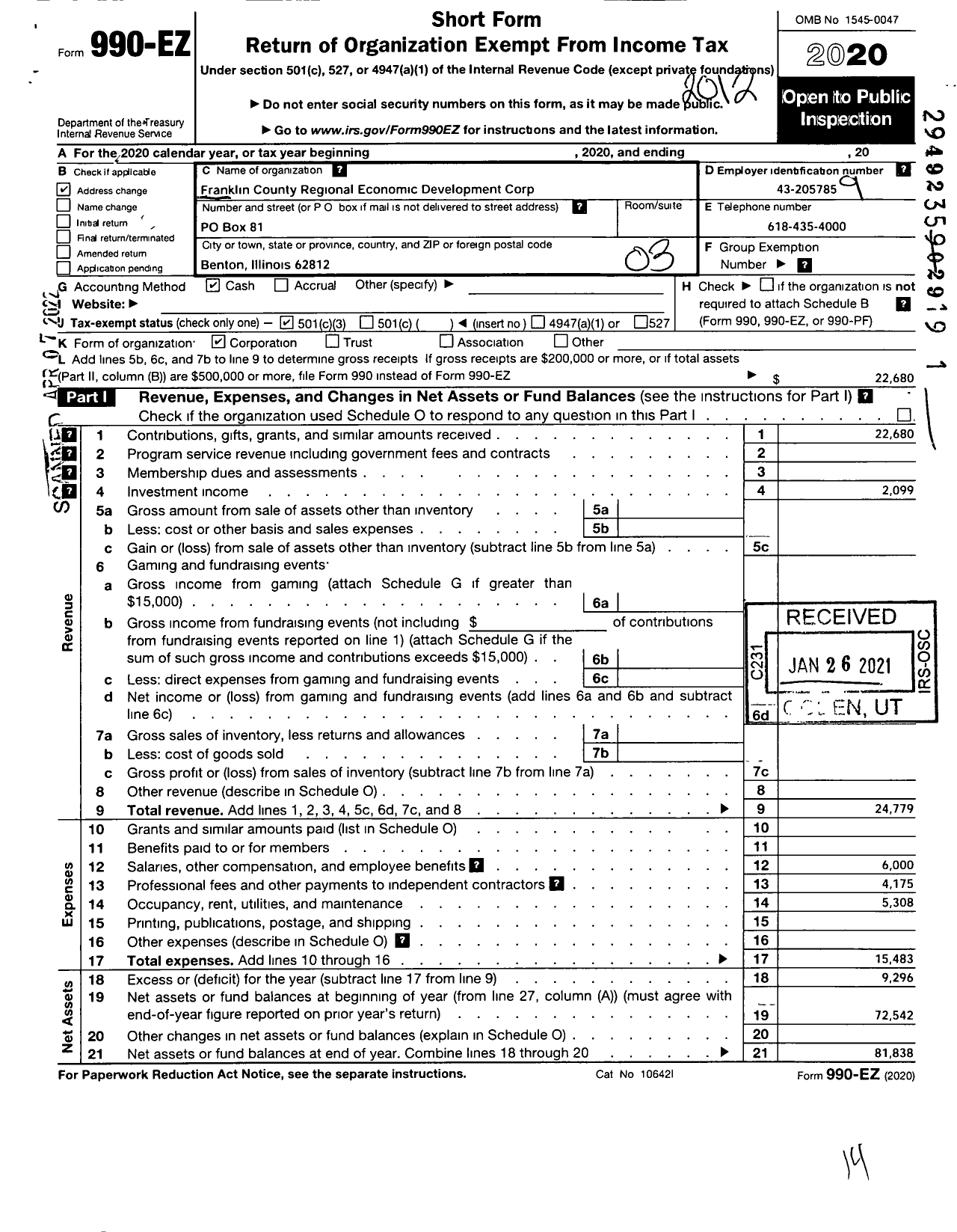 Image of first page of 2020 Form 990EZ for Franklin County Regional Economic Development