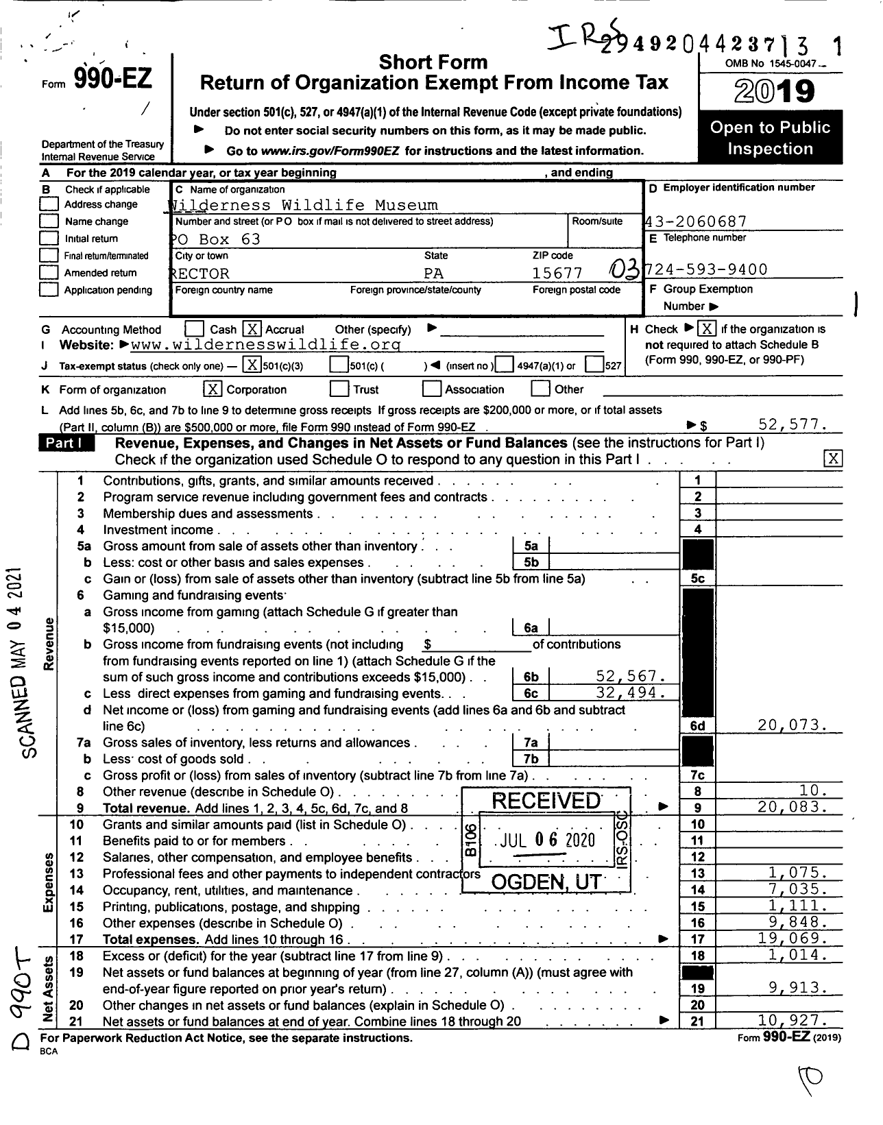 Image of first page of 2019 Form 990EZ for Wilderness Wildlife Museum